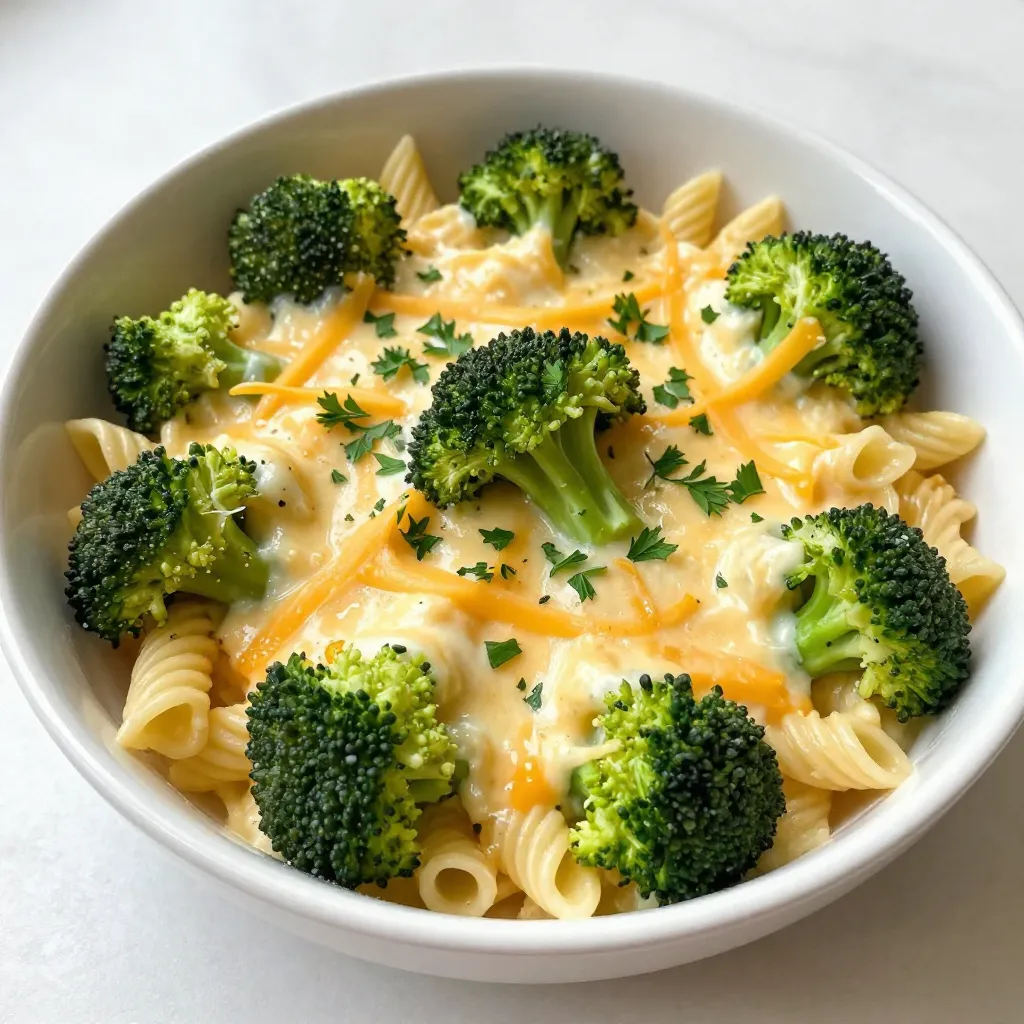 - 8 oz (about 225g) pasta (penne or fusilli works great) - 2 cups broccoli florets - 2 tablespoons olive oil - 1 clove garlic, minced - 3 cups vegetable broth - 1 cup sharp cheddar cheese, grated - 1 teaspoon onion powder - 1/2 teaspoon paprika - Salt and pepper to taste These ingredients create a creamy, cheesy dish. The pasta forms the base. Broccoli adds color and nutrition. The garlic gives a nice flavor. Vegetable broth helps the pasta cook well. Cheddar cheese brings the creaminess. Onion powder and paprika add depth. Salt and pepper round it all out. - 2 tablespoons cream cheese Adding cream cheese makes the dish even richer. It blends well with the cheddar. This step is not required, but it enhances texture. If you like creamier pasta, I suggest using it. - Fresh parsley, chopped Garnishing with fresh parsley adds a pop of color. It also brightens the flavor. Just sprinkle some on top before serving. This simple step makes your dish look and taste great! {{ingredient_image_1}} First, grab a large pot. Heat 2 tablespoons of olive oil over medium heat. Add 1 clove of minced garlic. Sauté for about 30 seconds. You want the garlic to smell nice, not burn. Now, it's time for the pasta. Add 8 ounces of your chosen pasta to the pot. Pour in 3 cups of vegetable broth. Add 1 teaspoon of onion powder, 1/2 teaspoon of paprika, and some salt and pepper. Stir it all up. Bring this mixture to a boil. Once boiling, lower the heat to a simmer. Cook for about 5 minutes. Stir occasionally. The pasta should be halfway done. Next, add 2 cups of broccoli florets to the pot. Cook for another 4-5 minutes. Check the pasta; it should be al dente, and the broccoli should be tender. Once done, take the pot off the heat. Stir in 1 cup of grated sharp cheddar cheese. If you like it creamy, add 2 tablespoons of cream cheese. Mix until everything melts and blends well. Taste and add more salt and pepper if needed. Serve hot, and sprinkle fresh parsley on top for a nice touch. To get the best pasta texture, cook it al dente. Al dente means the pasta is firm but not hard. This keeps it from getting mushy in the pot. Stir the pasta often while it cooks. This helps it cook evenly. If you like your pasta softer, cook it a minute longer. Seasoning makes a big difference in taste. Use salt and pepper to bring out the flavor. Add a teaspoon of onion powder for depth. Paprika adds a nice warmth. If you want more zing, try adding a pinch of red pepper flakes. You can also use fresh herbs like thyme or basil for added flavor. One-pot meals save time and make cleanup easy. Start with a large pot to fit everything. Heat the oil before adding garlic. This helps release its flavor. Add the pasta and broth together. This way, the pasta cooks in the broth's flavor. When you finish cooking, stir in the cheese off the heat. This keeps it creamy and smooth. Pro Tips Perfect Pasta: Ensure you cook the pasta al dente for the best texture; it will continue to cook slightly after you remove it from the heat. Cheesy Goodness: For an extra cheesy flavor, consider mixing in a blend of different cheeses like mozzarella or gouda along with the cheddar. Broccoli Boost: To enhance the flavor of the broccoli, you can briefly steam it before adding it to the pasta, ensuring it retains its vibrant color and nutrients. Spice It Up: Feel free to add a pinch of crushed red pepper flakes for a bit of heat, or experiment with other spices like Italian seasoning for a unique twist. {{image_2}} You can change up the cheese to add new flavors. Try mozzarella for a milder taste. Gruyère gives a nutty flavor. For a sharp bite, use pepper jack. Each cheese melts differently, so pick one you enjoy. Want to make this dish heartier? Add protein! Cooked chicken, shrimp, or sausage works great. Tofu is a good choice for a vegetarian option. Simply add it when you mix in the cheese for best results. You can boost nutrition with more veggies. Spinach or kale adds color and health. Carrots or bell peppers bring crunch and sweetness. Just chop them small and add them with the broccoli for even cooking. After you enjoy your one-pot broccoli cheddar pasta, let it cool. Place leftovers in an airtight container. This keeps the pasta fresh and tasty. Store it in the fridge for up to three days. If you want to keep it longer, freezing is a great option. To reheat, scoop out the pasta into a pot. Add a splash of water or broth. Heat over low until warm. Stir often to prevent sticking. You can also use a microwave. Heat in short bursts, stirring in between. This helps it heat evenly. If you want to freeze the pasta, use a freezer-safe container. Make sure to leave some space at the top. The pasta will expand as it freezes. You can freeze it for up to three months. When you're ready to eat, thaw it overnight in the fridge before reheating. Yes, you can use frozen broccoli. It saves time and cuts prep work. Simply add it in when you add the pasta to the pot. Cook it for the last few minutes. This gives it time to heat through and soften. Frozen broccoli is a great choice for busy days. You can use many pasta types. Penne and fusilli work well because they hold sauce nicely. You can also try rotini, shells, or even elbow macaroni. Just make sure to adjust cooking times based on the pasta you choose. Look for pasta that cooks in about 10-12 minutes. This dish is already vegetarian when you use vegetable broth. To keep it vegetarian, skip the cream cheese if you prefer a lighter dish. You can also add more veggies like bell peppers or spinach. This adds flavor and nutrition without losing any of the taste. This blog post covered everything you need to know for a great dish. We started with a list of ingredients, including options for creaminess and garnishes. I shared step-by-step instructions for cooking, from sautéing garlic to adding broccoli. You learned tips for perfect pasta, how to enhance flavor, and easy storage methods. Lastly, we explored variations to suit your taste. Try these ideas to make your meals fun and tasty! Happy cooking!