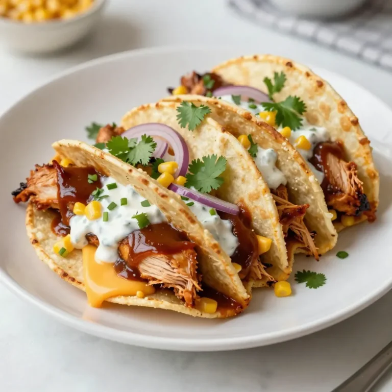 Here are the key ingredients for BBQ Ranch Chicken Quesadillas. Each item brings flavor and texture to the dish. - 2 cups cooked shredded chicken - 1/2 cup BBQ sauce - 1/4 cup ranch dressing - 1 cup shredded cheddar cheese - 1 cup shredded mozzarella cheese - 4 large flour tortillas - 1/2 cup red onion, thinly sliced - 1/2 cup sweet corn - Olive oil for cooking - Fresh cilantro for garnish The chicken is the star of the show. Use leftover chicken or rotisserie chicken for ease. The BBQ sauce adds sweetness and tang. Ranch dressing brings creaminess that balances the flavors. The cheeses melt beautifully, creating a gooey filling. Flour tortillas wrap everything up nicely. Red onions add a slight crunch and flavor kick. Sweet corn gives a pop of sweetness. Don&rsquo;t forget the olive oil. It helps crisp the tortillas and adds richness. Lastly, fresh cilantro makes a bright garnish. These ingredients work together for a tasty meal. Enjoy making this simple yet delicious dish! {{ingredient_image_1}} To start, grab a mixing bowl. Add 2 cups of shredded chicken, 1/2 cup of your favorite BBQ sauce, and 1/4 cup of ranch dressing. Mix well until the chicken is fully coated with the sauce. This step ensures each bite is full of flavor. The BBQ sauce adds a sweet and smoky taste, while the ranch dressing gives it a creamy touch. Next, heat a non-stick skillet over medium heat. Drizzle in some olive oil to prevent sticking. Take a large flour tortilla and lay it flat in the skillet. On one half of the tortilla, sprinkle half of the cheddar and mozzarella cheese. Now, add a quarter of your chicken mixture on top of the cheese. Don't forget to sprinkle some sweet corn and thinly sliced red onions for extra crunch and flavor. Fold the tortilla over to cover the filling. Cook it for about 3-4 minutes, or until the bottom turns golden brown. Carefully flip the quesadilla over. Cook for another 3-4 minutes until the other side is also golden and the cheese melts. Once cooked, remove the quesadilla from the skillet. Let it cool for a minute. This helps the cheese settle. Now, slice the quesadilla into wedges. Garnish with fresh cilantro for a pop of color and freshness. Serve your BBQ Ranch Chicken Quesadillas on a platter, and enjoy! To get the perfect quesadilla texture, use medium heat. This helps the cheese melt without burning the tortilla. A non-stick skillet works best for even cooking. Add just enough olive oil to coat the pan lightly. When layering your quesadilla, spread cheese on half of the tortilla first. This helps hold the filling inside. Then, add the BBQ ranch chicken mixture, sweet corn, and red onion. Fold the tortilla over and press down gently. Cook for about 3-4 minutes until the bottom turns golden brown. Use a spatula to flip it carefully. Cook the other side for another 3-4 minutes. You want both sides crispy and the cheese melted perfectly. For the best taste, serve your BBQ Ranch Chicken Quesadillas with sides. Fresh salsa, guacamole, or a simple green salad work well. These add color and flavor to your meal. For a nice presentation, slice the quesadillas into wedges. Arrange them on a platter with fresh cilantro on top. Serve them with small bowls of BBQ sauce and ranch dressing for dipping. This makes your dish look inviting and fun! Pro Tips Use Leftover Chicken: This recipe is perfect for using up leftover rotisserie or grilled chicken, saving you time and enhancing flavor. Adjust the Spice: If you like a kick, add some diced jalape&ntilde;os or a dash of hot sauce to the chicken mixture for extra heat. Cheese Variations: Feel free to mix in other cheese varieties like pepper jack or gouda for a unique flavor profile. Cooking Method: For a healthier option, try baking the quesadillas in the oven at 400&deg;F for about 10-15 minutes instead of pan-frying. {{image_2}} You can change up the protein in this dish. Use turkey or beef for a twist. If you want a vegetarian option, try black beans or grilled mushrooms. These swaps keep the flavor while adding new textures. Cheese matters too! Instead of cheddar and mozzarella, use pepper jack for a kick. Feta cheese adds a nice tang. Mixing different cheeses can make your quesadillas unique and tasty. To boost the BBQ ranch flavor, add spices like smoked paprika or garlic powder. These spices bring warmth and depth to your quesadillas. Fresh herbs like cilantro or parsley also add brightness. Want more crunch? Toss in some diced bell peppers or jalape&ntilde;os. They add heat and color. Other veggies, like spinach or zucchini, mix well too. These add-ins can make your quesadillas even more delicious and fun! To keep your BBQ Ranch Chicken Quesadillas fresh, follow these steps: - Allow the quesadillas to cool completely. - Place them in an airtight container. - Store them in the fridge for up to three days. If you want to keep them longer, consider freezing. Wrap each quesadilla in foil or plastic wrap. Then, place them in a freezer-safe bag. They can last up to two months in the freezer. Reheating quesadillas is simple. Here&rsquo;s how to do it: 1. For the Oven: Preheat your oven to 350&deg;F (175&deg;C). Place the quesadillas on a baking sheet. Heat for about 10-15 minutes until warm and crispy. 2. For the Stovetop: Heat a skillet over medium heat. Add a little olive oil. Place the quesadilla in the skillet. Cook for 3-5 minutes on each side, until warm and golden brown. 3. For the Microwave: This is the fastest method. Place the quesadilla on a microwave-safe plate. Heat for 30-60 seconds. However, this may make them a bit soft. Using these methods ensures your quesadillas taste great, even when reheated! Yes, you can make these quesadillas ahead of time. Prepare the filling and store it in the fridge. When you&rsquo;re ready to cook, assemble the quesadillas. This saves time on busy weeknights. If you need a substitute for ranch dressing, try blue cheese dressing or a yogurt dip. Both options provide a creamy texture and flavor. You can also mix sour cream with herbs for a fresh taste. These quesadillas can be part of a balanced meal. They have protein from chicken and can include vegetables like corn and onions. To make them healthier, use whole wheat tortillas or reduce the cheese. To make BBQ Ranch Chicken Quesadillas gluten-free, use corn tortillas or gluten-free flour tortillas. Check the labels on your BBQ sauce and ranch dressing to ensure they are gluten-free. Enjoy your tasty meal without worry! In this post, we explored how to make BBQ Ranch Chicken Quesadillas. We covered the key ingredients, from shredded chicken to cheese and tortillas. Then, I laid out the cooking steps, tips for the best texture, and serving ideas. You can even tweak the recipe with different proteins and spices. To sum up, this dish is simple, tasty, and customizable. Enjoy making and sharing these quesadillas with your loved ones!