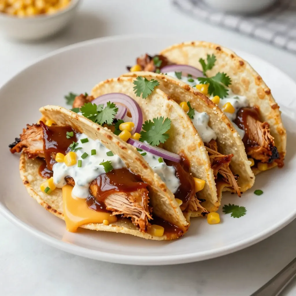 Here are the key ingredients for BBQ Ranch Chicken Quesadillas. Each item brings flavor and texture to the dish. - 2 cups cooked shredded chicken - 1/2 cup BBQ sauce - 1/4 cup ranch dressing - 1 cup shredded cheddar cheese - 1 cup shredded mozzarella cheese - 4 large flour tortillas - 1/2 cup red onion, thinly sliced - 1/2 cup sweet corn - Olive oil for cooking - Fresh cilantro for garnish The chicken is the star of the show. Use leftover chicken or rotisserie chicken for ease. The BBQ sauce adds sweetness and tang. Ranch dressing brings creaminess that balances the flavors. The cheeses melt beautifully, creating a gooey filling. Flour tortillas wrap everything up nicely. Red onions add a slight crunch and flavor kick. Sweet corn gives a pop of sweetness. Don’t forget the olive oil. It helps crisp the tortillas and adds richness. Lastly, fresh cilantro makes a bright garnish. These ingredients work together for a tasty meal. Enjoy making this simple yet delicious dish! {{ingredient_image_1}} To start, grab a mixing bowl. Add 2 cups of shredded chicken, 1/2 cup of your favorite BBQ sauce, and 1/4 cup of ranch dressing. Mix well until the chicken is fully coated with the sauce. This step ensures each bite is full of flavor. The BBQ sauce adds a sweet and smoky taste, while the ranch dressing gives it a creamy touch. Next, heat a non-stick skillet over medium heat. Drizzle in some olive oil to prevent sticking. Take a large flour tortilla and lay it flat in the skillet. On one half of the tortilla, sprinkle half of the cheddar and mozzarella cheese. Now, add a quarter of your chicken mixture on top of the cheese. Don't forget to sprinkle some sweet corn and thinly sliced red onions for extra crunch and flavor. Fold the tortilla over to cover the filling. Cook it for about 3-4 minutes, or until the bottom turns golden brown. Carefully flip the quesadilla over. Cook for another 3-4 minutes until the other side is also golden and the cheese melts. Once cooked, remove the quesadilla from the skillet. Let it cool for a minute. This helps the cheese settle. Now, slice the quesadilla into wedges. Garnish with fresh cilantro for a pop of color and freshness. Serve your BBQ Ranch Chicken Quesadillas on a platter, and enjoy! To get the perfect quesadilla texture, use medium heat. This helps the cheese melt without burning the tortilla. A non-stick skillet works best for even cooking. Add just enough olive oil to coat the pan lightly. When layering your quesadilla, spread cheese on half of the tortilla first. This helps hold the filling inside. Then, add the BBQ ranch chicken mixture, sweet corn, and red onion. Fold the tortilla over and press down gently. Cook for about 3-4 minutes until the bottom turns golden brown. Use a spatula to flip it carefully. Cook the other side for another 3-4 minutes. You want both sides crispy and the cheese melted perfectly. For the best taste, serve your BBQ Ranch Chicken Quesadillas with sides. Fresh salsa, guacamole, or a simple green salad work well. These add color and flavor to your meal. For a nice presentation, slice the quesadillas into wedges. Arrange them on a platter with fresh cilantro on top. Serve them with small bowls of BBQ sauce and ranch dressing for dipping. This makes your dish look inviting and fun! Pro Tips Use Leftover Chicken: This recipe is perfect for using up leftover rotisserie or grilled chicken, saving you time and enhancing flavor. Adjust the Spice: If you like a kick, add some diced jalapeños or a dash of hot sauce to the chicken mixture for extra heat. Cheese Variations: Feel free to mix in other cheese varieties like pepper jack or gouda for a unique flavor profile. Cooking Method: For a healthier option, try baking the quesadillas in the oven at 400°F for about 10-15 minutes instead of pan-frying. {{image_2}} You can change up the protein in this dish. Use turkey or beef for a twist. If you want a vegetarian option, try black beans or grilled mushrooms. These swaps keep the flavor while adding new textures. Cheese matters too! Instead of cheddar and mozzarella, use pepper jack for a kick. Feta cheese adds a nice tang. Mixing different cheeses can make your quesadillas unique and tasty. To boost the BBQ ranch flavor, add spices like smoked paprika or garlic powder. These spices bring warmth and depth to your quesadillas. Fresh herbs like cilantro or parsley also add brightness. Want more crunch? Toss in some diced bell peppers or jalapeños. They add heat and color. Other veggies, like spinach or zucchini, mix well too. These add-ins can make your quesadillas even more delicious and fun! To keep your BBQ Ranch Chicken Quesadillas fresh, follow these steps: - Allow the quesadillas to cool completely. - Place them in an airtight container. - Store them in the fridge for up to three days. If you want to keep them longer, consider freezing. Wrap each quesadilla in foil or plastic wrap. Then, place them in a freezer-safe bag. They can last up to two months in the freezer. Reheating quesadillas is simple. Here’s how to do it: 1. For the Oven: Preheat your oven to 350°F (175°C). Place the quesadillas on a baking sheet. Heat for about 10-15 minutes until warm and crispy. 2. For the Stovetop: Heat a skillet over medium heat. Add a little olive oil. Place the quesadilla in the skillet. Cook for 3-5 minutes on each side, until warm and golden brown. 3. For the Microwave: This is the fastest method. Place the quesadilla on a microwave-safe plate. Heat for 30-60 seconds. However, this may make them a bit soft. Using these methods ensures your quesadillas taste great, even when reheated! Yes, you can make these quesadillas ahead of time. Prepare the filling and store it in the fridge. When you’re ready to cook, assemble the quesadillas. This saves time on busy weeknights. If you need a substitute for ranch dressing, try blue cheese dressing or a yogurt dip. Both options provide a creamy texture and flavor. You can also mix sour cream with herbs for a fresh taste. These quesadillas can be part of a balanced meal. They have protein from chicken and can include vegetables like corn and onions. To make them healthier, use whole wheat tortillas or reduce the cheese. To make BBQ Ranch Chicken Quesadillas gluten-free, use corn tortillas or gluten-free flour tortillas. Check the labels on your BBQ sauce and ranch dressing to ensure they are gluten-free. Enjoy your tasty meal without worry! In this post, we explored how to make BBQ Ranch Chicken Quesadillas. We covered the key ingredients, from shredded chicken to cheese and tortillas. Then, I laid out the cooking steps, tips for the best texture, and serving ideas. You can even tweak the recipe with different proteins and spices. To sum up, this dish is simple, tasty, and customizable. Enjoy making and sharing these quesadillas with your loved ones!