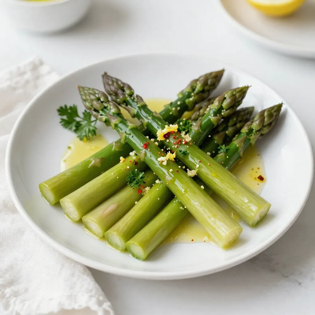 - 1 bunch of fresh asparagus, trimmed - 4 cloves of garlic, minced - 2 tablespoons olive oil - Zest of 1 lemon - Juice of 1 lemon - 1 teaspoon red pepper flakes (optional) - Salt and pepper to taste - Fresh parsley, chopped (for garnish) Gathering the right ingredients is key to making garlic lemon asparagus. Start with a fresh bunch of asparagus. Choose bright green spears with firm ends. Next, grab four cloves of garlic. Mince them finely for a strong flavor. You will also need two tablespoons of olive oil to add richness. The zest and juice of one lemon bring brightness. If you like some heat, add red pepper flakes. Adjust salt and pepper to your taste. Finally, fresh parsley adds a nice pop of color. This simple list makes a delightful dish that shines at any meal. - Calories per serving: Approximately 80 calories - Macronutrient breakdown: - Carbohydrates: 9g - Protein: 2g - Fat: 4g Each serving of garlic lemon asparagus packs about 80 calories. It is low in calories yet full of flavor. The carbohydrates mainly come from the asparagus. You also get a bit of protein and healthy fats from olive oil. This dish is not just tasty; it is also a healthy choice. The vibrant colors and fresh flavors make it a perfect side for any plate. {{ingredient_image_1}} First, I trim the asparagus. I remove about one inch from the tough ends. Next, I wash the spears under cold water. This cleans off any dirt. After washing, I pat them dry with a clean towel. Now, it’s time to prepare the garlic and lemon. I take four cloves of garlic and mince them finely. The garlic adds a strong flavor. Then, I zest one lemon. The zest gives a bright taste. I also squeeze the lemon to get the juice. This mix of garlic and lemon will elevate the asparagus. In a large mixing bowl, I combine the asparagus, minced garlic, and olive oil. Then, I add the lemon zest and juice. If you like some heat, sprinkle in red pepper flakes. I season the mix with salt and pepper to taste. Next, I toss the asparagus gently. I want to ensure each spear gets an even coat of the mixture. This step is key for flavor. I preheat my oven to 425°F (220°C). A hot oven helps the asparagus roast well. Once preheated, I spread the asparagus in a single layer on a lined baking sheet. I roast the asparagus for 12 to 15 minutes. I check for doneness by looking for tender spears that are slightly caramelized. When they are done, I take them out and place them on a serving dish. The bright green color looks amazing! To get your asparagus just right, focus on timing and temperature. I suggest roasting at 425°F for 12-15 minutes. This heat gives you a nice caramelized finish. If you notice the asparagus starting to brown too quickly, lower the temperature slightly. Avoid overcooking by checking for doneness. You want it tender but still crisp. A fork should slide in with just a little resistance. If you leave it too long, it will turn mushy. To boost flavor, consider adding herbs like thyme or rosemary. These herbs pair well with garlic and lemon. You can also switch up the garlic. Try using roasted garlic for a sweeter taste. For lemon, use both zest and juice. The zest adds a bright aroma while the juice brings a tangy kick. If you want to spice things up, add a dash of cayenne pepper or smoked paprika. Garlic lemon asparagus pairs well with many sides. It goes great with grilled chicken or fish. Serve it alongside a light pasta dish for a fresh meal. For presentation, arrange the asparagus neatly on a platter. Drizzle with a little extra lemon juice and sprinkle fresh parsley on top. This adds color and makes your dish pop! Pro Tips Choose Fresh Asparagus: Look for bright green spears with firm, closed tips for the best flavor and texture. Minimize Overcooking: Keep an eye on the asparagus in the oven; it should be tender but still crisp when done. Add More Flavor: Experiment with different herbs like thyme or dill, or add a sprinkle of Parmesan cheese before serving for extra taste. Perfect Lemon Zest: Use a microplane to zest the lemon for finely grated zest that infuses more flavor into the dish. {{image_2}} You can change how you cook your garlic lemon asparagus. Grilling adds a smoky flavor. It gives a nice char. To grill, heat your grill to medium-high. Place the asparagus on the grill. Cook for about 5-7 minutes. Turn the spears often for even cooking. Roasting is another great option. It caramelizes the spears and enhances the flavor. Follow the recipe's oven temperature. Spread the asparagus on a baking sheet. Roast until tender, about 12-15 minutes. Stovetop sautéing is quick and easy. Heat olive oil in a pan over medium heat. Add the asparagus and garlic. Cook for 5-7 minutes, stirring often. This method keeps the asparagus crisp and bright. Feel free to swap the asparagus for other veggies. Broccoli or green beans work well. You can also try Brussels sprouts for a different taste. Just adjust the cooking time based on the vegetable you choose. For a dairy-free or vegan option, skip the butter. Stick with olive oil for sautéing or roasting. This keeps your dish light and fresh while still tasty. You can change the citrus in the recipe. Try lime or orange instead of lemon. Each will bring a unique twist to the dish. If you like a bit of heat, add different pepper varieties. Jalapeños or crushed red pepper can spice it up. Adjust the amount based on your heat preference. This adds depth and excitement to your garlic lemon asparagus. To keep garlic lemon asparagus fresh, store it in the fridge. Use an airtight container to avoid moisture loss. It should last about three days in the fridge. If you notice any wilting, use it quickly. For best results when reheating, use the oven. Place the asparagus on a baking sheet and heat at 350°F (175°C) for about 5-7 minutes. This method helps keep the texture crisp. Avoid the microwave, as it can make the asparagus soggy. Yes, you can freeze garlic lemon asparagus! First, blanch the asparagus in boiling water for 2-3 minutes. Then, cool it in ice water. Drain and pat dry before placing it in a freezer bag. This method helps preserve flavor and texture. Use within three months for the best taste. To trim asparagus, hold a spear in your hands. Bend it gently until it snaps. This shows you where the tough part ends. You can also cut off about an inch from the bottom. Make sure you wash the spears well before cooking. Yes, you can use frozen asparagus. However, the texture will change when cooked. Frozen asparagus often becomes softer. This can make the dish less crunchy. If you use frozen, reduce the cooking time by a few minutes. Look for bright green color and slight browning. The asparagus should be tender but still crisp. You can test it by piercing a spear with a fork. If it goes in easily, it’s done! Garlic lemon asparagus is very healthy! Asparagus is low in calories and high in nutrients. It has vitamins A, C, E, and K. Garlic adds flavor and has health benefits too. It may boost your immune system and heart health. Enjoy this dish for a tasty and healthy side! This blog covered how to make garlic lemon asparagus, from ingredients to cooking tips. You learned step-by-step instructions for prepping and roasting. I also shared helpful variations and storage advice. Remember, you can play with flavors and techniques. Enjoy your delicious asparagus as a healthy side dish. With these tips, you can impress anyone at your next meal. Happy cooking!