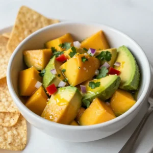 - 1 ripe mango, diced - 2 avocados, diced - 1 small red onion, finely chopped - 1 red bell pepper, diced - 1 jalape&ntilde;o, deseeded and minced (adjust for spice level) - 1/4 cup fresh cilantro, chopped The fresh produce in this salsa makes it special. The ripe mango brings sweetness. The avocados add creaminess. Red onion gives a nice crunch, while the red bell pepper adds a pop of color. Jalape&ntilde;o provides heat, but you can use less for a milder taste. Fresh cilantro adds a burst of flavor that brightens the dish. - 2 tablespoons lime juice - 1 tablespoon olive oil - Salt and pepper to taste Lime juice is key for balancing flavors. It adds a zesty kick that makes everything shine. Olive oil adds richness and helps blend the flavors together. Finally, salt and pepper enhance all the tastes in the salsa. Adjust these to fit your personal preference. - Recommended pairings: Serve with tortilla chips, grilled chicken, or fish. - Presentation ideas: Use a colorful bowl and garnish with lime wedges and extra cilantro. For a fun meal, pair this salsa with tortilla chips for dipping. It also goes well with grilled meats. Present it in a vibrant bowl for a festive look. Add lime wedges and more cilantro on top for a beautiful finish. This salsa is truly a crowd-pleaser! {{ingredient_image_1}} To start, you need to dice the mango and avocados. Use a sharp knife for clean cuts. First, peel the mango and remove the pit. Cut the flesh into small pieces. Aim for a chunky texture. Next, take the avocados. Cut them in half and remove the pit. Scoop the flesh out and dice it into similar-sized pieces. Now, let's chop the vegetables. Take the red onion and finely chop it. Make sure the pieces are small to blend well. Next, dice the red bell pepper into small cubes. This adds color and crunch. Finally, deseed and mince the jalape&ntilde;o. If you want less heat, add fewer seeds. Now, it's time to combine the ingredients in a bowl. Start with the diced mango and avocados. Add the chopped red onion and diced red bell pepper. Toss in the minced jalape&ntilde;o for a gentle kick. Next, add the chopped cilantro for a fresh touch. Drizzle the lime juice and olive oil over the mix. This adds flavor and helps the ingredients shine. Gently fold everything together. Be careful not to mash the avocado. You want to keep that lovely texture. To finish, season the salsa with salt and pepper. Taste and adjust as needed. This step is key for balancing the flavors. After seasoning, let the salsa sit for 10-15 minutes. This allows the flavors to meld together beautifully. Enjoy the burst of fresh flavors you created! To make great mango avocado salsa, you need ripe mangoes and avocados. A ripe mango feels soft when you press it gently. Its skin should have a nice yellow or red hue. For avocados, look for ones that yield slightly under pressure. If they feel hard, they are not ready. For spice, start with one jalape&ntilde;o, deseeded and minced. You can add more if you want more heat. If you prefer less spice, skip the jalape&ntilde;o altogether. To keep leftover salsa fresh, store it in an airtight container. This helps prevent browning. Place a piece of plastic wrap directly on the surface of the salsa before sealing the lid. It keeps air out. The salsa is best eaten within a day or two. If it turns brown, it&rsquo;s still safe to eat, but it might not look great. Want to boost the flavor? Add fresh herbs like mint or basil for a fun twist. You can also mix in spices like cumin or chili powder for extra depth. If you want a different citrus zing, swap lime juice for lemon or orange juice. Each option gives a unique taste to the salsa. Pro Tips Choose the Right Mango: Make sure your mango is ripe for the best sweetness and flavor. A ripe mango should give slightly when pressed and have a fragrant aroma. Avocado Selection: Opt for ripe avocados that are slightly soft to the touch but not overly mushy. This will help maintain the chunky texture of the salsa. Fresh Ingredients Matter: Use fresh lime juice and cilantro for a more vibrant taste. Fresh ingredients elevate the overall flavor profile of your salsa. Let It Rest: Allow the salsa to sit for about 10-15 minutes before serving. This resting time helps the flavors to meld together beautifully. {{image_2}} You can make this salsa even more fun by adding more fruits. Pineapple adds a sweet, tangy flair. Dice some fresh pineapple and mix it in. Peaches are another great choice. They bring a juicy sweetness that pairs well with mango. For a tropical twist, try adding dice of kiwi or even strawberries. Each fruit creates a unique flavor and texture. Want to spice things up? Swap the jalape&ntilde;o for a serrano pepper. This pepper gives a sharper heat. For a milder taste, consider using bell peppers instead. If you like a smoky flavor, try adding chipotle powder. A sprinkle of cumin can also add depth. Mix and match to find your perfect heat level. This salsa is already healthy, but you can make it even better. It&rsquo;s vegan, so it fits many diets. To keep it gluten-free, just ensure your seasonings are safe. For low-carb options, skip the sweet fruits. You can also add more cucumbers for crunch without the carbs. These changes let everyone enjoy this tasty dish. To keep your mango avocado salsa fresh, store it in the refrigerator. Place it in an airtight container to protect it from air. Fresh salsa lasts for about 2-3 days in the fridge. After this, the ingredients may spoil or lose flavor. If you want to save some salsa, freezing is a great option. To freeze mango avocado salsa, first, prepare the salsa as usual. Then, spoon it into a freezer-safe bag or container. Make sure to remove as much air as possible before sealing. When you're ready to eat, thaw it in the fridge overnight. Serve it chilled for the best taste. Use airtight containers for the best results. Glass or hard plastic containers work well. Avoid using thin plastic wrap, as it may not keep out air properly. This helps prevent oxidation, which can turn your salsa brown. Keeping it fresh keeps your salsa looking and tasting amazing! Mango Avocado Salsa lasts about two days in the fridge. The avocado can brown quickly. To slow this down, squeeze extra lime juice on top. This helps keep the salsa fresh and vibrant. It's best to eat it right away for the best taste. Yes, you can make this salsa ahead of time. However, I recommend making it no more than a day in advance. This way, the flavors mix well but the avocado stays bright. If you make it too early, the avocados may brown and lose their texture. You can serve this salsa with many dishes. Here are some ideas: - Tortilla chips: Great for dipping. - Tacos: Perfect as a fresh topping. - Grilled chicken: Adds a nice twist. - Fish: Complements seafood well. - Salads: Use it as a zesty dressing. Pairing it with meats and seafood makes each bite special. The sweet mango and creamy avocado balance savory flavors perfectly. Enjoy this salsa as a bright addition to your meals. In this blog post, we explored how to make fresh Mango Avocado Salsa. We discussed choosing ripe produce and essential additions, like lime juice and olive oil. You learned the steps for preparation, mixing, and enhancing the flavors. We shared tips for storing leftovers and ways to add variety, from fruits to spice options. Mango Avocado Salsa is a delicious and healthy choice. Enjoy this bright dish as a snack or a side!