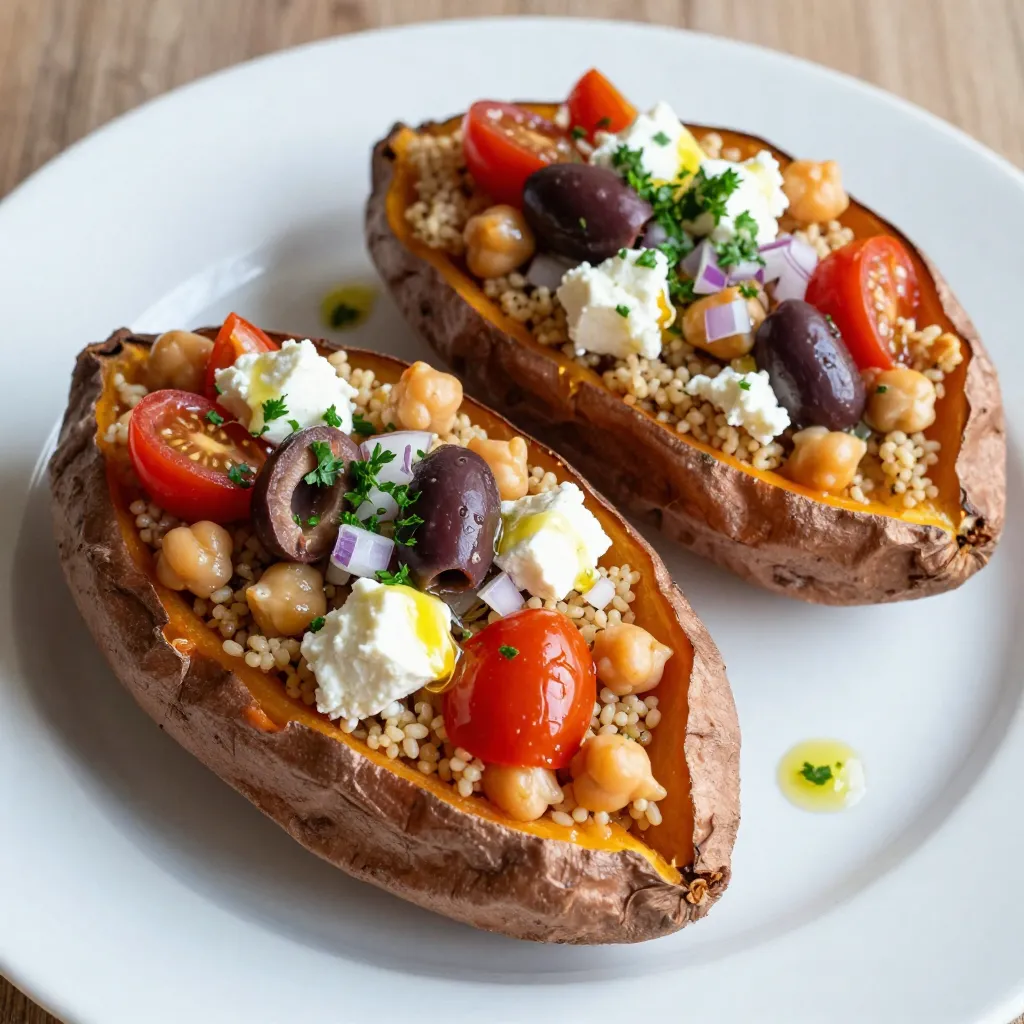 For Mediterranean stuffed sweet potatoes, you need fresh and wholesome ingredients. Here’s the list: - 2 large sweet potatoes - 1 cup cooked quinoa - 1 cup canned chickpeas, rinsed and drained - 1 cup cherry tomatoes, halved - 1/2 cup feta cheese, crumbled - 1/4 cup kalamata olives, sliced - 1/4 cup red onion, finely chopped - 2 tablespoons olive oil - 1 tablespoon lemon juice - 1 teaspoon garlic powder - Salt and pepper to taste - Fresh parsley for garnish Each ingredient plays a key role in creating the flavors of this dish. Sweet potatoes provide a soft, sweet base. Quinoa adds protein and a nice texture. Chickpeas give heartiness, while cherry tomatoes and red onion add freshness. Feta cheese and olives bring salty, tangy notes. Olive oil and lemon juice brighten the flavors. Garlic powder, salt, and pepper enhance everything. Fresh parsley makes it look beautiful and adds an herbaceous touch. Gather all these ingredients to make your cooking experience smooth and fun! {{ingredient_image_1}} Start by preheating your oven to 400°F (200°C). This heat helps cook the sweet potatoes evenly. Next, wash the sweet potatoes well under cold water. Use a fork to poke several holes in each potato. This step lets steam escape while baking. Now, place the sweet potatoes on a baking sheet. Bake them for 45 to 60 minutes. They are ready when a fork easily pierces them. While the sweet potatoes bake, it's time to make the filling. In a large bowl, combine 1 cup of cooked quinoa and 1 cup of rinsed chickpeas. Add in 1 cup of halved cherry tomatoes, ½ cup of crumbled feta cheese, ¼ cup of sliced kalamata olives, and ¼ cup of finely chopped red onion. Drizzle the mix with 2 tablespoons of olive oil and 1 tablespoon of lemon juice. Sprinkle in 1 teaspoon of garlic powder along with salt and pepper to taste. Stir everything together until well mixed. Once the sweet potatoes are done, take them out of the oven. Let them cool for a few minutes. Then, cut each sweet potato in half lengthwise. Use a fork to fluff the sweet potato flesh gently. Be careful not to break the skin. Now, spoon the Mediterranean filling generously into each half. Place the stuffed sweet potatoes back in the oven for 10 more minutes. This step warms up the filling. Finally, remove them from the oven. Sprinkle fresh parsley on top before serving them warm. Enjoy your tasty dish! To start, pick large sweet potatoes. They cook better and hold more filling. Wash them well and poke holes with a fork. This helps steam escape. Preheat your oven to 400°F (200°C). Bake the sweet potatoes for 45-60 minutes. They should feel soft when you pierce them with a fork. Let them cool slightly before cutting. This ensures the filling stays inside. To make the filling extra tasty, use fresh ingredients. Combine cooked quinoa, chickpeas, and halved cherry tomatoes in a bowl. Add crumbled feta cheese and sliced kalamata olives for a salty kick. Finely chopped red onion adds crunch and zest. Drizzle olive oil and lemon juice over the mix. Sprinkle in garlic powder, salt, and pepper. This blend gives a rich, Mediterranean flavor. Garnishing makes your dish look beautiful. After baking, sprinkle fresh parsley on top. It adds a pop of color and freshness. You can also add extra feta for a creamy touch. Serve the stuffed sweet potatoes warm. This makes them even more inviting. A well-garnished dish impresses everyone at the table. Pro Tips Choose the Right Sweet Potatoes: Look for sweet potatoes with smooth skin and no blemishes for the best flavor and texture. Customize Your Filling: Feel free to add other ingredients like spinach, artichokes, or nuts for added flavor and texture. Serve with a Sauce: Drizzle some tahini or yogurt sauce on top for an extra layer of creaminess and flavor. Perfectly Cooked Sweet Potatoes: To check if sweet potatoes are done, insert a fork; it should slide in easily without resistance. {{image_2}} You can change the stuffing to suit your taste. Try using brown rice or farro instead of quinoa. Both add a nice texture. You can also mix in roasted bell peppers or spinach for extra color and flavor. If you love spices, add some cumin or smoked paprika to the filling. These spices give your dish a warm, rich taste. For a vegan version, simply skip the feta cheese. You can replace it with mashed avocado or a nut-based cheese. Some brands make great vegan feta that has a similar flavor. Also, make sure to use a vegan-friendly quinoa. This keeps your meal plant-based and delicious. You can switch up the cheese to find your favorite flavor. Goat cheese adds a tangy kick. Mozzarella melts beautifully and gives a creamy texture. If you want something sharp, try using aged cheddar. Each cheese brings a new taste experience to your sweet potatoes. Feel free to experiment! Store leftover Mediterranean stuffed sweet potatoes in an airtight container. They last for up to four days in the fridge. Make sure to cool them before sealing. This helps keep moisture at bay and prevents sogginess. You can freeze these stuffed sweet potatoes for longer storage. Wrap each one tightly in plastic wrap and then place them in a freezer bag. They can last up to three months in the freezer. Thaw in the fridge before reheating for the best texture. To reheat, you can use the oven or microwave. For the oven, set it to 350°F (175°C). Place the stuffed sweet potatoes on a baking sheet and heat for about 15-20 minutes. If using a microwave, cover them with a damp paper towel and heat in 1-minute intervals until warm. Enjoy your tasty dish! To make Mediterranean stuffed sweet potatoes, first bake the sweet potatoes. Preheat your oven to 400°F (200°C). Wash the sweet potatoes and poke holes in them. Bake for about 45-60 minutes until tender. While they bake, mix your filling. In a bowl, combine cooked quinoa, chickpeas, cherry tomatoes, feta cheese, olives, and red onion. Add olive oil, lemon juice, garlic powder, salt, and pepper. Stir well. After baking, cut the sweet potatoes in half. Fluff the insides and fill them with the mixture. Bake again for 10 minutes. Garnish with parsley before serving. Mediterranean stuffed sweet potatoes are packed with nutrients. Sweet potatoes are high in fiber and vitamins A and C. Quinoa adds protein and essential amino acids. Chickpeas provide protein and iron. Feta cheese offers calcium but watch for salt content. Tomatoes add antioxidants. This dish is balanced and filling. Yes, you can use other vegetables in the stuffing. Zucchini, bell peppers, or spinach are great choices. Just chop them finely. You can roast or sauté them first for extra flavor. Feel free to mix and match based on what you like. Stuffed sweet potatoes last about 3 to 5 days in the fridge. Store them in an airtight container to keep them fresh. Reheat in the oven or microwave before eating. Just ensure they're heated through. Mediterranean stuffed sweet potatoes combine great flavors and nutrients. We explored the key ingredients, step-by-step prep, and cooking tips. It’s a fun and simple dish to make, with room for your personal touch. Try different fillings or toppings to make it your own. Remember, you can store them in the fridge or freezer for later meals. Enjoy this healthy dish that tastes amazing and fills you up.