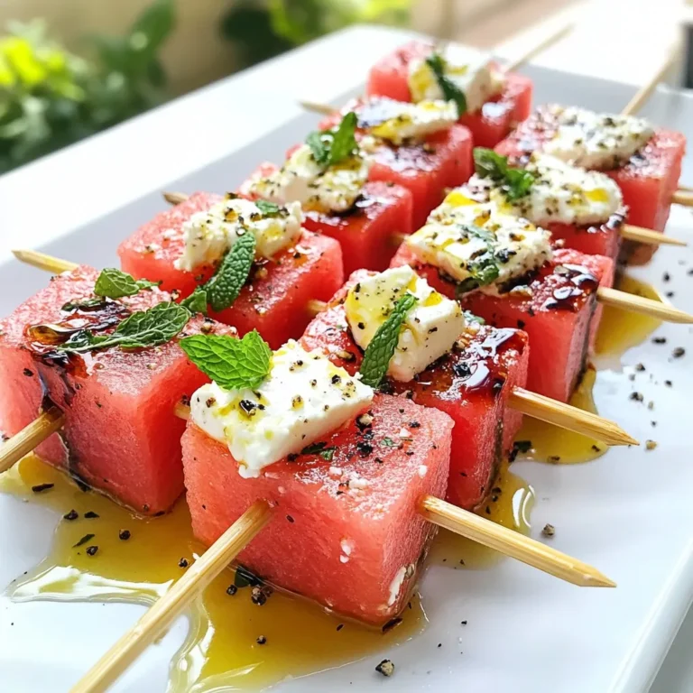 To make watermelon feta mint skewers, you need just a few fresh ingredients. Here’s what you will gather: - 3 cups watermelon, cut into 1-inch cubes - 1 cup feta cheese, crumbled - 1/2 cup fresh mint leaves - 2 tablespoons balsamic reduction - 1 tablespoon olive oil - Pinch of black pepper Each ingredient plays a key role in flavor. The watermelon gives a sweet and juicy bite. Feta cheese adds a creamy, salty touch. Fresh mint brings a burst of bright flavor. Balsamic reduction adds a tangy finish, while olive oil enriches the taste. A pinch of black pepper kicks it up a notch. These ingredients are simple yet powerful. They create a refreshing snack perfect for summer days. Plus, they are easy to find at any grocery store. You can mix and match these flavors to make your skewers unique! Enjoy the process! {{ingredient_image_1}} First, you need to cut the watermelon. Grab 3 cups of watermelon and chop it into 1-inch cubes. Make sure the cubes are even. This helps them stay on the skewers. Next, crumble 1 cup of feta cheese into a bowl. Feta adds a salty kick to the sweet watermelon. Now, wash 1/2 cup of fresh mint leaves. Choose the leaves that look bright and fresh. These leaves will add a nice, cool flavor to the skewers. Take wooden skewers and start threading the ingredients. Begin with a cube of watermelon. Next, add a few mint leaves. Then, spoon on some crumbled feta. Repeat this pattern until each skewer is full. You should make about 12 skewers. For even assembly, make sure each ingredient is spaced out. This helps with flavor and looks nice too. In a small bowl, mix 2 tablespoons of balsamic reduction with 1 tablespoon of olive oil. Whisk them together until combined. Drizzle this mixture lightly over the assembled skewers. It adds a delicious tang. Just before serving, sprinkle a pinch of black pepper over the skewers. This enhances the flavor and makes them pop. Serve these skewers chilled or at room temperature. They will taste amazing! To pick the best watermelon, look for a uniform shape. A round or oval shape is good. Check the color, too. The spot where it rests on the ground should be a creamy yellow. This shows it ripened on the vine. Tap the watermelon; a deep sound means it is ripe. Also, feel its weight. A heavy watermelon has more water and is juicier. To keep leftover skewers fresh, store them in an airtight container. Place a damp paper towel in the container. This helps keep the mint fresh. You can keep them in the fridge for up to two days. If you notice the watermelon getting soft, eat them soon. The flavors are best when fresh! For gatherings, arrange skewers on a nice platter. You can group them by color for a fun look. Drizzle extra balsamic reduction on top for flair. Garnish with whole mint leaves around the skewers. This adds a pop of color. You can also pair the skewers with cold drinks. Lemonade or iced tea works well. Enjoy the refreshing taste! Pro Tips Choose Ripe Watermelon: Look for a watermelon that feels heavy for its size and has a uniform shape. The field spot (the area that was resting on the ground) should be creamy yellow, indicating ripeness. Fresh Mint Matters: Use fresh mint leaves for the best flavor. If you want a stronger mint taste, gently bruise the leaves before adding them to the skewers to release more oils. Feta Cheese Alternatives: If you prefer a different cheese, goat cheese or queso fresco can be great substitutes for feta, offering a unique flavor profile while maintaining creaminess. Chill Before Serving: For the best experience, chill the skewers in the refrigerator for at least 30 minutes before serving. This enhances the refreshing qualities of the watermelon and mint. {{image_2}} You can easily switch the feta cheese for goat cheese. It adds a creamy touch. Try using fresh basil instead of mint. Basil gives a sweet twist. You can also mix in other fruits like strawberries or pineapple. These fruits add more color and taste. These skewers are gluten-free and vegetarian. If you want a vegan option, swap feta for a plant-based cheese. Just make sure the substitute melts well if you want a warm dish. This way, everyone can enjoy them! Consider adding a drizzle of honey for sweetness. It pairs well with the feta and watermelon. You could also sprinkle some chili flakes for heat. This adds a fun kick to the dish. Try using lemon zest for a fresh zing. These simple changes can make each bite even more exciting! To keep your watermelon feta mint skewers fresh, you need to cool them fast. Place the skewers in a shallow dish. Cover them with plastic wrap or a lid. This keeps them from drying out. Store them in the fridge. Try to eat them within two days for the best taste. You can freeze these skewers, but be careful. First, wrap each skewer in plastic wrap. This helps avoid freezer burn. Then, place them in a freezer bag. When you want to eat them, thaw in the fridge overnight. Avoid thawing at room temperature for safety. In the fridge, these skewers last about two days. After that, the watermelon will start to lose its crunch. The feta can also go bad. Always check for any off smells or colors before eating. Yes, you can make skewers in advance. To do this, prepare the watermelon and feta as usual. Assemble the skewers, but leave off the balsamic reduction and olive oil for now. Place the skewers in a sealed container in the fridge. They will stay fresh for up to 4 hours. When ready to serve, drizzle the dressing and add black pepper for the best flavor. These skewers pair well with a variety of dishes. You can serve them with grilled chicken or shrimp for protein. A fresh salad, like a simple green salad, also works well. For drinks, try a light white wine or a cool lemonade. These options enhance the bright flavors of the skewers. Yes, you can grill these skewers. Grilling adds a nice smoky taste. To grill, soak wooden skewers in water for 30 minutes to prevent burning. Then, place the assembled skewers on a hot grill for about 2-3 minutes per side. This quick cooking will warm the watermelon and slightly melt the feta. Enjoy the added flavor! This blog post shared a simple recipe for watermelon feta mint skewers. We explored the key ingredients and easy steps to prepare them. I provided tips for selecting ripe watermelon and storing leftovers. You can even customize skewers with different ingredients or flavors. Make these skewers a must-have at your next gathering. They look great and taste refreshing. Enjoy making a delicious, easy dish that impresses friends and family!