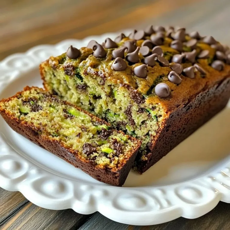 - 2 cups grated zucchini - 1 cup all-purpose flour - 1 cup whole wheat flour The star of our bread is grated zucchini. It adds moisture and nutrients. You will need about two medium zucchinis. Grate them finely and squeeze out excess water. This step makes sure your bread stays nice and rich. Use both all-purpose and whole wheat flour. This mix gives the bread a hearty texture. - 1/2 cup granulated sugar - 1/2 cup packed brown sugar - 1/2 cup vegetable oil For sweetness, we use both granulated and brown sugar. Granulated sugar makes the bread light. Brown sugar adds a nice depth. Vegetable oil keeps the bread moist. It helps blend well with our wet ingredients. - 1 teaspoon baking soda - 1/2 teaspoon baking powder - 1 teaspoon ground cinnamon Baking soda and baking powder help the bread rise. They create air pockets that make it fluffy. Ground cinnamon adds a warm flavor. It pairs well with chocolate chips. This mix of baking essentials is key for a perfect rise. {{ingredient_image_1}} - Preheat your oven to 350°F (175°C). - Prepare a 9x5 inch loaf pan by greasing it or lining it with parchment paper. - In a large bowl, mix 2 cups of grated zucchini, 1/2 cup of granulated sugar, 1/2 cup of brown sugar, 1/2 cup of vegetable oil, 2 large eggs, and 1 teaspoon of vanilla extract. - Stir until everything is well combined. - In another bowl, whisk together 1 cup of all-purpose flour, 1 cup of whole wheat flour, 1 teaspoon of baking soda, 1/2 teaspoon of baking powder, 1/2 teaspoon of salt, and 1 teaspoon of ground cinnamon. - Gradually add the dry mixture to the wet ingredients. - Stir gently until just combined. Do not overmix. - Fold in 1 cup of semi-sweet chocolate chips and 1/2 cup of chopped walnuts or pecans if you like. - Pour the batter into the prepared loaf pan. Smooth the top with a spatula. How to avoid overmixing To keep your zucchini bread light and moist, mix gently. When you add the dry ingredients to the wet ones, stir just until you see no more flour. Overmixing can make the bread tough. Testing for doneness To check if your bread is done, insert a toothpick into the center. If it comes out clean, it’s ready. If you see wet batter, bake for a few more minutes. Alternatives for sugars You can replace granulated sugar with coconut sugar for a healthier option. You might also try using honey or maple syrup instead of brown sugar for a unique flavor twist. Oil vs. applesauce If you want a lower-fat option, use applesauce instead of vegetable oil. It keeps the bread moist and adds a bit of natural sweetness. Just use the same amount of applesauce as the oil. Best ways to serve zucchini bread Serve your zucchini bread warm right out of the oven. You can also slice it and toast it lightly for a crunchy texture. Recommended pairings Spread a thin layer of butter on each slice for a rich taste. Nut butter is another great option, adding protein and flavor. You can also sprinkle extra chocolate chips on top for fun! Pro Tips Grate Zucchini Efficiently: Use a box grater or food processor for quick and even grating. Remove excess moisture by squeezing the grated zucchini in a clean towel before adding it to the batter. Don't Overmix: To ensure a tender bread, mix the wet and dry ingredients until just combined. Overmixing can lead to a dense texture. Customize Your Nuts: Feel free to experiment with different nuts such as pecans, almonds, or hazelnuts for added flavor and texture. Toasting the nuts beforehand enhances their taste. Store Properly: To keep the bread moist, wrap it tightly in plastic wrap and store it at room temperature for up to 3 days. For longer storage, freeze it for up to 3 months. {{image_2}} You can make your chocolate chip zucchini bread even better. Try adding spices like nutmeg or ginger for warmth. A sprinkle of nutmeg gives a cozy taste. Ginger adds a nice zing. You can also use different types of chocolate. Dark chocolate brings rich flavor. White chocolate offers a sweet twist. If you need gluten-free options, swap regular flour for almond or coconut flour. These flours help keep the bread moist. For a vegan option, replace eggs with flax eggs or applesauce. Use plant-based oil too. This way, everyone can enjoy the bread! Get creative with mix-ins! You can add dried fruits like raisins or cranberries for sweetness. Pumpkin seeds or sunflower seeds boost nutrition. If you love nuts, try walnuts or pecans. Each mix-in changes the flavor and texture of the bread. It’s fun to explore! To store baked zucchini bread, let it cool completely. Wrap it in plastic wrap or foil. You can also place it in an airtight container. This method keeps it fresh for about three days at room temperature. For long-term storage, freezing chocolate chip zucchini bread is easy. Slice the bread first. Wrap each slice in plastic wrap tightly. Then, place the slices in a freezer bag or container. This way, you can enjoy the bread for up to three months. Just make sure to label the bag with the date. To reheat slices, the best method is to use a toaster or an oven. If you use a toaster, set it on medium heat. Toast until warm and slightly crispy. If you use an oven, preheat it to 350°F (175°C). Place the slices on a baking sheet and heat for about 10 minutes. You can also microwave slices for about 15-20 seconds. Enjoy them warm with a little butter or nut butter for extra flavor. You can check if your zucchini bread is done by using a toothpick. Insert it into the center. If it comes out clean or with a few crumbs, your bread is ready. If it has wet batter on it, let it bake a bit longer. Usually, it takes about 50 to 60 minutes at 350°F (175°C). Keep an eye on it during the last few minutes of baking. Yes, you can use frozen zucchini! Just make sure to thaw it first. After thawing, drain any excess liquid. This helps keep your bread from becoming too soggy. Frozen zucchini works well and saves time, especially during off-seasons when fresh zucchini is hard to find. Chocolate chip zucchini bread can last for about 3 to 5 days at room temperature. Just wrap it tightly in plastic wrap or foil. If you want it to last longer, you can freeze it. It stays good for up to 3 months in the freezer. Just remember to slice it before freezing for easy serving later. This blog post covered how to make delicious chocolate chip zucchini bread. We explored key ingredients like zucchini, various flours, sweeteners, and baking essentials. I shared clear steps to prepare and mix the batter and offered tips for baking success. Remember, you can customize this recipe with spices, dietary options, or creative mix-ins. Proper storage helps keep your bread fresh, whether short- or long-term. Enjoying your zucchini bread with your favorite spreads can elevate the experience. Baking should be fun, so experiment with different flavors and enjoy your creations!