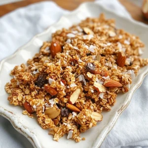 - 2 cups rolled oats - 1 cup unsweetened shredded coconut - 1 cup raw almonds, chopped - 1/2 cup honey or maple syrup - 1/4 cup coconut oil, melted - 1/2 teaspoon vanilla extract - 1/2 teaspoon cinnamon - 1/4 teaspoon salt - 1/4 cup mini dark chocolate chips (optional) Coconut and almonds are stars in this recipe. Coconut brings a sweet, tropical flavor and healthy fats. It also has fiber that helps digestion. Almonds add crunch and protein, which keeps you full. They also contain vitamin E, great for your skin. Honey or maple syrup sweetens the granola. Both options add flavor and energy. Coconut oil keeps everything moist and adds a hint of coconut taste. Cinnamon gives warmth, while salt enhances all the flavors. You can swap out almonds for other nuts. Walnuts or pecans work well if you want a new twist. For a nut-free option, try sunflower seeds or pumpkin seeds. If you want less sugar, use agave syrup instead of honey. You can also use maple syrup if you prefer its taste. {{ingredient_image_1}} Start by preheating your oven to 325°F (160°C). This ensures even cooking. While the oven heats, line a baking sheet with parchment paper. This step keeps your granola from sticking. It makes cleanup easy too. In a large bowl, mix together 2 cups of rolled oats, 1 cup of unsweetened shredded coconut, and 1 cup of chopped raw almonds. These ingredients bring great flavor and crunch. Next, take a small saucepan. Over low heat, whisk together 1/4 cup of melted coconut oil, 1/2 cup of honey or maple syrup, 1/2 teaspoon of vanilla extract, 1/2 teaspoon of cinnamon, and 1/4 teaspoon of salt. Mix until smooth. Pour this mixture over your dry ingredients. Stir well to coat everything. Spread the granola mixture onto your lined baking sheet. Press it down slightly to help form clusters. Bake for 20-25 minutes, stirring halfway through. This ensures even browning. Keep an eye on it. It can burn quickly. When it turns golden brown, take it out of the oven. Let it cool completely. If you like, sprinkle in 1/4 cup of mini dark chocolate chips while it's warm. Gently press them in. Once cool, break the granola into clusters. Store them in an airtight container. Enjoy your healthy treat! To get those perfect clusters, press the granola down firmly on the baking sheet. This helps the mixture stick together as it bakes. When baking, stir the granola halfway through to ensure even cooking. Keep your eyes on it near the end. It can turn from golden to burnt quickly. Once your granola cools, store it in an airtight container. This keeps it fresh and crunchy. You can also place it in a glass jar for a fun look. If you store it right, it can last for up to two weeks. For longer storage, consider freezing it. Just make sure to separate it into portions. Coconut almond granola is great on its own, but it shines when paired with yogurt. Layer it with fresh fruits for a tasty breakfast. You can also sprinkle it on smoothie bowls for added crunch. Another fun idea is to enjoy it as a snack with milk or plant-based options. The options are endless! Pro Tips Use Fresh Ingredients: Opt for fresh, high-quality almonds and coconut for the best flavor and texture in your granola. Customize Your Sweetener: Experiment with different sweeteners like agave or brown rice syrup to find your perfect taste. Cluster Control: For larger clusters, press the mixture firmly into the baking sheet before baking. Storage Savvy: Store granola in an airtight container at room temperature to maintain freshness for up to two weeks. {{image_2}} You can easily switch up the flavor of your granola. Adding dried fruits like cranberries or raisins gives it a sweet touch. Seeds like pumpkin or sunflower add crunch and nutrition. Try mixing in different nuts, too. Walnuts and pecans can add unique flavors. You can even add spices like nutmeg for warmth. Get creative and find what you love! If you need gluten-free granola, use gluten-free oats. They are safe and tasty. Most rolled oats are naturally gluten-free but check the label. You can also add chia seeds or flaxseeds for extra fiber. These swaps keep your granola delicious and healthy. To make vegan granola, swap honey for maple syrup or agave. Both are sweet and plant-based. You can also try date syrup for a rich flavor. This change keeps your granola vegan-friendly while still being sweet. Enjoy your treat without worry! To keep your granola clusters fresh, store them in an airtight container. This prevents air from making the clusters soft. You can use glass jars or plastic bins. Make sure they are clean and dry before you fill them. For added freshness, place a piece of parchment paper between layers of granola. This keeps the clusters from sticking together. Your coconut almond granola clusters will last about two weeks at room temperature. If you want to keep them longer, you can freeze them. To freeze, place the clusters in a zip-top freezer bag. Remove as much air as possible before sealing. They can last up to three months in the freezer. When you’re ready to enjoy, let them thaw at room temperature. Reheating granola clusters isn't usually needed. They taste best when eaten fresh. If you prefer them warm, spread the clusters on a baking sheet. Heat them in a 300°F oven for about 5-10 minutes. This will help restore some crunch. Enjoy them as a snack or sprinkle them over yogurt for a tasty treat! Yes, you can make no-bake granola clusters. To do this, mix the dry and wet ingredients as usual. Then, shape the mixture into clusters and chill them in the fridge. They will firm up without the oven. This method keeps things simple and quick. To get crunchy granola clusters, use enough wet ingredients. This helps bind the oats together. Press the mixture down on the baking sheet. This creates nice clusters. Bake it until golden brown while stirring halfway. Let it cool completely before breaking it apart. Cooling is key to getting that perfect crunch. You can add many tasty things to your granola. Dried fruits like cranberries, apricots, or raisins add sweetness. Nuts like walnuts or pecans give extra crunch. Spice it up with nutmeg or cardamom for warmth. You can also try adding seeds like chia or flax for more nutrition. Feel free to experiment and find your favorite mix! In this post, we covered how to make delicious coconut almond granola clusters. We explored the key ingredients, their health benefits, and even substitutions. You learned step-by-step instructions, plus tips for perfect clusters and storage. I shared variations for different tastes and dietary needs. Granola can be a fun snack or breakfast. Now, you have all the tools to create your own tasty batches. Enjoy experimenting with flavors and find what you love best. Happy baking!