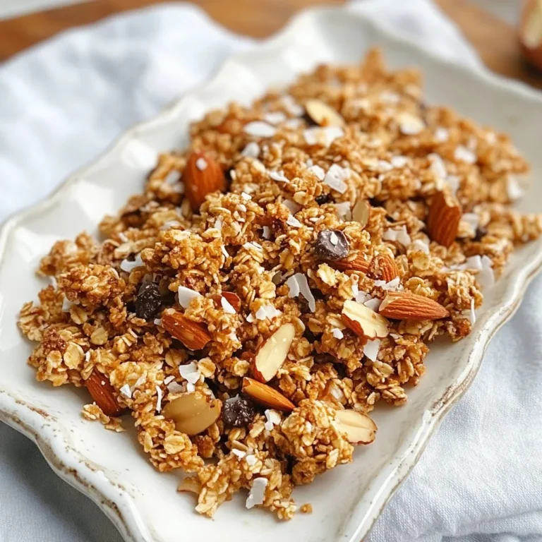 - 2 cups rolled oats - 1 cup unsweetened shredded coconut - 1 cup raw almonds, chopped - 1/2 cup honey or maple syrup - 1/4 cup coconut oil, melted - 1/2 teaspoon vanilla extract - 1/2 teaspoon cinnamon - 1/4 teaspoon salt - 1/4 cup mini dark chocolate chips (optional) Coconut and almonds are stars in this recipe. Coconut brings a sweet, tropical flavor and healthy fats. It also has fiber that helps digestion. Almonds add crunch and protein, which keeps you full. They also contain vitamin E, great for your skin. Honey or maple syrup sweetens the granola. Both options add flavor and energy. Coconut oil keeps everything moist and adds a hint of coconut taste. Cinnamon gives warmth, while salt enhances all the flavors. You can swap out almonds for other nuts. Walnuts or pecans work well if you want a new twist. For a nut-free option, try sunflower seeds or pumpkin seeds. If you want less sugar, use agave syrup instead of honey. You can also use maple syrup if you prefer its taste. {{ingredient_image_1}} Start by preheating your oven to 325°F (160°C). This ensures even cooking. While the oven heats, line a baking sheet with parchment paper. This step keeps your granola from sticking. It makes cleanup easy too. In a large bowl, mix together 2 cups of rolled oats, 1 cup of unsweetened shredded coconut, and 1 cup of chopped raw almonds. These ingredients bring great flavor and crunch. Next, take a small saucepan. Over low heat, whisk together 1/4 cup of melted coconut oil, 1/2 cup of honey or maple syrup, 1/2 teaspoon of vanilla extract, 1/2 teaspoon of cinnamon, and 1/4 teaspoon of salt. Mix until smooth. Pour this mixture over your dry ingredients. Stir well to coat everything. Spread the granola mixture onto your lined baking sheet. Press it down slightly to help form clusters. Bake for 20-25 minutes, stirring halfway through. This ensures even browning. Keep an eye on it. It can burn quickly. When it turns golden brown, take it out of the oven. Let it cool completely. If you like, sprinkle in 1/4 cup of mini dark chocolate chips while it's warm. Gently press them in. Once cool, break the granola into clusters. Store them in an airtight container. Enjoy your healthy treat! To get those perfect clusters, press the granola down firmly on the baking sheet. This helps the mixture stick together as it bakes. When baking, stir the granola halfway through to ensure even cooking. Keep your eyes on it near the end. It can turn from golden to burnt quickly. Once your granola cools, store it in an airtight container. This keeps it fresh and crunchy. You can also place it in a glass jar for a fun look. If you store it right, it can last for up to two weeks. For longer storage, consider freezing it. Just make sure to separate it into portions. Coconut almond granola is great on its own, but it shines when paired with yogurt. Layer it with fresh fruits for a tasty breakfast. You can also sprinkle it on smoothie bowls for added crunch. Another fun idea is to enjoy it as a snack with milk or plant-based options. The options are endless! Pro Tips Use Fresh Ingredients: Opt for fresh, high-quality almonds and coconut for the best flavor and texture in your granola. Customize Your Sweetener: Experiment with different sweeteners like agave or brown rice syrup to find your perfect taste. Cluster Control: For larger clusters, press the mixture firmly into the baking sheet before baking. Storage Savvy: Store granola in an airtight container at room temperature to maintain freshness for up to two weeks. {{image_2}} You can easily switch up the flavor of your granola. Adding dried fruits like cranberries or raisins gives it a sweet touch. Seeds like pumpkin or sunflower add crunch and nutrition. Try mixing in different nuts, too. Walnuts and pecans can add unique flavors. You can even add spices like nutmeg for warmth. Get creative and find what you love! If you need gluten-free granola, use gluten-free oats. They are safe and tasty. Most rolled oats are naturally gluten-free but check the label. You can also add chia seeds or flaxseeds for extra fiber. These swaps keep your granola delicious and healthy. To make vegan granola, swap honey for maple syrup or agave. Both are sweet and plant-based. You can also try date syrup for a rich flavor. This change keeps your granola vegan-friendly while still being sweet. Enjoy your treat without worry! To keep your granola clusters fresh, store them in an airtight container. This prevents air from making the clusters soft. You can use glass jars or plastic bins. Make sure they are clean and dry before you fill them. For added freshness, place a piece of parchment paper between layers of granola. This keeps the clusters from sticking together. Your coconut almond granola clusters will last about two weeks at room temperature. If you want to keep them longer, you can freeze them. To freeze, place the clusters in a zip-top freezer bag. Remove as much air as possible before sealing. They can last up to three months in the freezer. When you’re ready to enjoy, let them thaw at room temperature. Reheating granola clusters isn't usually needed. They taste best when eaten fresh. If you prefer them warm, spread the clusters on a baking sheet. Heat them in a 300°F oven for about 5-10 minutes. This will help restore some crunch. Enjoy them as a snack or sprinkle them over yogurt for a tasty treat! Yes, you can make no-bake granola clusters. To do this, mix the dry and wet ingredients as usual. Then, shape the mixture into clusters and chill them in the fridge. They will firm up without the oven. This method keeps things simple and quick. To get crunchy granola clusters, use enough wet ingredients. This helps bind the oats together. Press the mixture down on the baking sheet. This creates nice clusters. Bake it until golden brown while stirring halfway. Let it cool completely before breaking it apart. Cooling is key to getting that perfect crunch. You can add many tasty things to your granola. Dried fruits like cranberries, apricots, or raisins add sweetness. Nuts like walnuts or pecans give extra crunch. Spice it up with nutmeg or cardamom for warmth. You can also try adding seeds like chia or flax for more nutrition. Feel free to experiment and find your favorite mix! In this post, we covered how to make delicious coconut almond granola clusters. We explored the key ingredients, their health benefits, and even substitutions. You learned step-by-step instructions, plus tips for perfect clusters and storage. I shared variations for different tastes and dietary needs. Granola can be a fun snack or breakfast. Now, you have all the tools to create your own tasty batches. Enjoy experimenting with flavors and find what you love best. Happy baking!