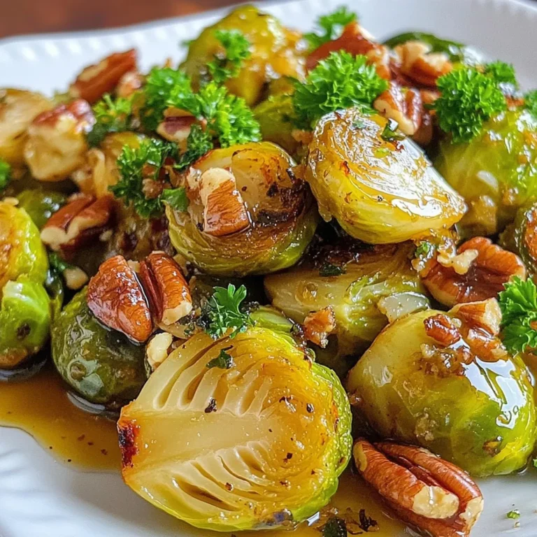 For this tasty dish, gather these simple ingredients: - 1 pound Brussels sprouts, trimmed and halved - 2 tablespoons olive oil - 2 tablespoons pure maple syrup - 1 tablespoon Dijon mustard - 1 teaspoon garlic powder - Salt and pepper to taste These ingredients create a perfect balance of sweet and savory. The Brussels sprouts add crunch, while the maple syrup gives a lovely sweetness. The Dijon mustard adds tang, and garlic powder brings in a nice flavor punch. You can make this dish even better with optional add-ins: - 1/4 cup chopped pecans - Fresh parsley for garnish Pecans add a nice crunch and a nutty flavor. Parsley brightens the dish and adds color. Feel free to experiment with add-ins to suit your taste! When picking Brussels sprouts, look for these signs: - Bright green color - Firm, tight leaves - No yellowing or wilting Fresh Brussels sprouts taste better and roast nicely. Avoid any that feel soft or have brown spots. Choosing good sprouts makes your dish shine! {{ingredient_image_1}} Start by washing the Brussels sprouts. Make sure to remove any outer leaves that look bad. Trim the stem ends and cut each sprout in half. This helps them cook evenly. A pound of Brussels sprouts is perfect for about four servings. In a large bowl, mix the halved Brussels sprouts with 2 tablespoons of olive oil. Add 2 tablespoons of pure maple syrup and 1 tablespoon of Dijon mustard. Next, sprinkle in 1 teaspoon of garlic powder, and season with salt and pepper to taste. Toss everything well so the sprouts are fully coated in the tasty mix. Preheat your oven to 400°F (200°C). Spread the coated Brussels sprouts in a single layer on a baking sheet lined with parchment paper. Roast them for 20-25 minutes. Toss them halfway through to ensure even cooking. If you like, add 1/4 cup of chopped pecans during the last 5 minutes to toast them. Once done, let the sprouts cool for a couple of minutes. Garnish with fresh parsley before serving. Enjoy your sweet and tangy dish! To roast Brussels sprouts well, start with fresh ones. Look for bright green, firm sprouts. Trim the ends and cut them in half. This helps them cook evenly. Toss them with olive oil, maple syrup, Dijon mustard, garlic powder, salt, and pepper. Make sure they are well coated. Spread them out on a baking sheet. Avoid crowding them; this keeps them crispy. Roast them for 20-25 minutes. Toss halfway to ensure even cooking. You can adjust the flavors based on your taste. If you like it sweeter, add more maple syrup. For more tang, increase the Dijon mustard. Taste the mixture before roasting. This way, you can add more of what you like. Remember to balance the sweetness with salt and pepper for best results. Store leftover Brussels sprouts in an airtight container in the fridge. They will last for about 3-4 days. To reheat, place them on a baking sheet. Heat them in the oven at 350°F (175°C) for about 10 minutes. This keeps them crispy. You can also microwave them, but they may get soft. Enjoy your tasty dish again! Pro Tips Use Fresh Brussels Sprouts: Fresh Brussels sprouts will have a better texture and flavor compared to frozen ones. Look for bright green, firm sprouts for the best results. Adjust Sweetness: If you prefer a sweeter dish, you can add more maple syrup. For a tangier flavor, increase the amount of Dijon mustard. Perfect Roasting Time: Keep an eye on the Brussels sprouts during roasting. If they start to char too quickly, reduce the oven temperature slightly. Garnish for Flavor: Adding fresh parsley not only enhances the presentation but also adds a fresh flavor contrast to the sweet and savory elements of the dish. {{image_2}} You can change the flavor of Maple Dijon Brussels sprouts by adding nuts or seeds. Pecans are a great choice because they add a sweet crunch. You can also try walnuts for a more robust taste. If you prefer seeds, pumpkin seeds or sunflower seeds work well. Just sprinkle them on during the last few minutes of roasting. This adds texture and boosts nutrition. Feel free to mix in other vegetables for variety. Carrots and sweet potatoes pair nicely with Brussels sprouts. Chop them into similar sizes for even cooking. You can also add bell peppers or onions for extra flavor. Just toss them in with the Brussels sprouts before roasting. This way, all the veggies soak up the maple and Dijon flavors. For a richer taste, consider adding bacon or cheese. Cook some bacon until crispy, then crumble it over the sprouts before serving. This will give a savory twist to your dish. If you love cheese, sprinkle some feta or Parmesan on top. Add cheese in the last few minutes of roasting for a melty finish. Both options elevate the dish and make it even more delightful. One serving of Maple Dijon Brussels Sprouts has about 150 calories. Most of these calories come from healthy fats and natural sugars. The olive oil and maple syrup give it a nice boost of flavor. The pecans, if you add them, also contribute some calories but add good fats and crunch. Brussels sprouts are full of vitamins and minerals. They have vitamin C, which helps your immune system. These small veggies also have vitamin K, important for bone health. Eating Brussels sprouts can support digestion, thanks to their fiber content. They contain antioxidants that may help reduce inflammation and boost health. Each serving contains about 8 grams of carbs, 4 grams of protein, and 10 grams of fat. Here’s how that breaks down: - Carbohydrates: They provide energy and help keep you full. - Protein: This helps build and repair tissues. - Fat: The healthy fats from olive oil and pecans support heart health. Enjoy these Brussels sprouts as a tasty side dish that nourishes your body! Yes, you can easily make this recipe vegan. Just skip the honey and use maple syrup. The other ingredients are already plant-based. This will keep the dish sweet and tangy. You can enjoy all the flavors without any animal products. You will know the Brussels sprouts are done when they are tender and golden brown. After roasting for about 20-25 minutes, check them. They should be easy to pierce with a fork. If they look caramelized, they are ready. Toss them halfway through cooking for even browning. Yes, you can use frozen Brussels sprouts, but they will not be as crispy. Make sure to thaw and drain them well before cooking. This will help remove any extra moisture. You may need to roast them a bit longer to achieve the same texture. Understanding the ingredients and steps for roasting Brussels sprouts unlocks their full potential. You learned to choose fresh sprouts, prepare them, and add fun twists. You also discovered how to adjust flavors and store leftovers. Remember, these little greens pack a big health punch. With a few simple tips and add-ins, you can enjoy Brussels sprouts in many delicious ways. Dive into this recipe, and let these veggies shine on your plate. Embrace the fun of cooking and make Brussels sprouts your new favorite dish!