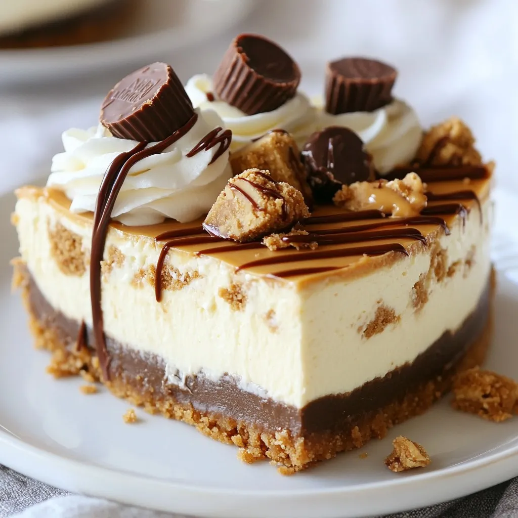 To make the peanut butter cup cheesecake, you will need these simple ingredients: - 1 ½ cups graham cracker crumbs - ½ cup unsalted butter, melted - 2 (8 oz) packages cream cheese, softened - 1 cup creamy peanut butter - 1 cup powdered sugar - 1 teaspoon vanilla extract - 2 cups whipped cream (or one container of whipped topping) - 12 mini peanut butter cups, chopped (plus extra for garnish) - Chocolate drizzle (for garnish) Each ingredient plays a key role in the flavor and texture. The graham cracker crumbs and melted butter form a crunchy base. Cream cheese and creamy peanut butter create a rich filling. The powdered sugar adds sweetness, while vanilla extract enhances the flavor. Whipped cream gives the cheesecake a light and airy texture, balancing the creaminess. Chopped mini peanut butter cups add bursts of flavor, and chocolate drizzle makes it look fancy. Gather these ingredients before you start. This makes the process smoother and more enjoyable. Each bite of this cheesecake will remind you of your favorite peanut butter cups. {{ingredient_image_1}} Preheating the oven First, preheat your oven to 325°F (160°C). This step is key for the perfect crust. Preparing the crust In a mixing bowl, combine 1 ½ cups of graham cracker crumbs and ½ cup of melted unsalted butter. Mix them until the crumbs are well coated. Press this mixture into the bottom of a 9-inch springform pan. This will form your crust. Bake it for 10 minutes, then set it aside to cool. Making the filling In a large bowl, beat together 2 packages of softened cream cheese and 1 cup of creamy peanut butter. Mix until the texture is smooth. Gradually add 1 cup of powdered sugar and 1 teaspoon of vanilla extract. Continue mixing until everything is combined. Next, gently fold in 2 cups of whipped cream. This adds lightness to your filling. Finally, stir in 12 chopped mini peanut butter cups. Assembling the cheesecake Pour the filling over the cooled crust. Spread it out evenly to ensure every slice is delicious. Baking the crust There’s no additional baking for the filling. Just focus on that crust. Refrigerating the cheesecake Cover the cheesecake and refrigerate it for at least 4 hours, or better yet, overnight. This helps it set well. Once it's firm, remove it from the springform pan. You can drizzle it with chocolate sauce and add more mini peanut butter cups for garnish. Enjoy your creamy, rich treat! To make a smooth filling, start with room-temperature cream cheese. Cold cream cheese can form lumps. Beat it with peanut butter until creamy. Add powdered sugar slowly. This helps mix it well. Mixing too fast can lead to air bubbles. Cooling the cheesecake is key. After you bake the crust, let it cool completely. When your filling is ready, pour it into the crust. Chill it in the fridge for at least four hours. Overnight is even better. This helps the cheesecake set well. Garnishing makes your cheesecake shine. Add extra mini peanut butter cups on top. Drizzle chocolate sauce over the cheesecake for a rich look. A sprinkle of crushed graham crackers adds texture. When serving, place a slice on a plate. Add a dollop of whipped cream on the side. This makes each bite special. Enjoy the blend of creamy and crunchy flavors. Pro Tips Use Room Temperature Ingredients: Allow your cream cheese and peanut butter to come to room temperature before mixing. This ensures a smoother and creamier filling without lumps. Chill Thoroughly: For the best texture, refrigerate the cheesecake for at least 4 hours, but overnight is ideal. This allows the flavors to meld and the cheesecake to firm up nicely. Garnish Creatively: Consider adding crushed nuts or drizzled caramel along with the chocolate for added flavor and texture. It enhances the presentation and makes it more appealing. Choose Quality Ingredients: Use high-quality chocolate and peanut butter for the best flavor. The richness of your ingredients will significantly impact the overall taste of the cheesecake. {{image_2}} You can change things up with a no-bake peanut butter cup cheesecake. This version skips the oven. Use the same crust, but mix cream cheese, peanut butter, and whipped cream. Pour it over the crust and chill. This makes it easy and quick! For vegan adaptations, switch out cream cheese for vegan cream cheese. Use maple syrup instead of powdered sugar. You can also find vegan whipped cream. This way, you still get that rich taste without dairy. If you need gluten-free options, use gluten-free graham cracker crumbs. They taste just as good and hold the cheesecake well. Make sure to check labels on all your ingredients. For sugar-free alternatives, use sugar-free powdered sugar and sweetener in place of regular sugar. This keeps the sweetness while being mindful of sugar intake. You still get to enjoy the creamy goodness! To keep your peanut butter cup cheesecake fresh, store it in the fridge. Use an airtight container or cover it tightly with plastic wrap. This helps keep the cheesecake moist and prevents it from absorbing other smells. If you want to save some for later, you can freeze it. Cut the cheesecake into slices and wrap each one in plastic wrap. Then, place them in a freezer-safe bag or container. This way, you can enjoy a slice anytime! How long will it last in the fridge? Well, your cheesecake will stay fresh for about 5 to 7 days when stored properly. Just make sure to keep it sealed. Watch for signs of spoilage. If you notice any off smells, changes in texture, or mold, it’s best to throw it away. Always trust your senses to keep things safe! How can I make my cheesecake fluffier? To make your cheesecake fluffier, beat the cream cheese and peanut butter well. Use room temperature cream cheese for smooth mixing. Fold the whipped cream gently into the mixture. This keeps the air in, making it light. Can I use crunchy peanut butter? Yes, you can use crunchy peanut butter. It adds texture and a fun twist. Just remember, it will change the smoothness of the cheesecake. If you love crunch, go for it! What to do if the cheesecake cracks? If your cheesecake cracks, don’t worry! It still tastes great. To fix it, you can cover the crack with chocolate drizzle or whipped cream. Next time, try baking on a lower heat or using a water bath to prevent cracks. Can I use bigger peanut butter cups? Yes, you can use bigger peanut butter cups. Just chop them into smaller pieces. This change will give you more chocolate and peanut butter flavor in each bite. Is it necessary to use a springform pan? Using a springform pan is not necessary, but it helps. It makes removing the cheesecake easier. If you don’t have one, a regular pan will work. Just be careful when serving. I covered the key ingredients and steps to make a fantastic peanut butter cup cheesecake. You learned preparation, baking, and cooling techniques, plus tips for a perfect finish. I also shared variations to fit different diets and storage tips to keep the cheesecake fresh. When you follow these steps, you will impress everyone with your dessert. Enjoy making this treat and get creative with your own twists!