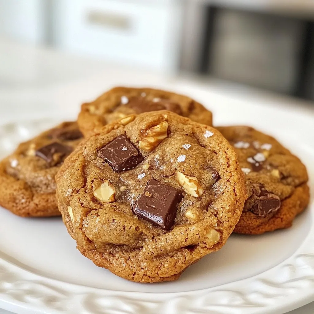 To create delicious espresso chocolate chunk cookies, you'll need the following ingredients: - 1 cup unsalted butter, softened - 1 cup brown sugar, packed - 1/2 cup granulated sugar - 2 large eggs - 2 teaspoons vanilla extract - 2 cups all-purpose flour - 1 teaspoon baking soda - 1/2 teaspoon salt - 2 tablespoons instant espresso powder - 1 cup dark chocolate chunks - 1/2 cup chopped walnuts (optional) These ingredients work together to create rich flavor and soft texture. The butter adds creaminess, while the sugars contribute sweetness and structure. Eggs help bind everything together. The vanilla extract enhances the cookie’s taste. For the dry mix, all-purpose flour provides the base. Baking soda makes the cookies rise, and salt balances the sweetness. Instant espresso powder gives a strong coffee flavor that pairs perfectly with chocolate. Dark chocolate chunks add a melty richness, while walnuts offer a nice crunch. Feel free to skip the walnuts if you prefer a nut-free cookie. Each ingredient plays a role in making these cookies a treat you won't forget! {{ingredient_image_1}} 1. Preheat the oven and prepare baking sheets Start by setting your oven to 350°F (175°C). This hot oven makes for crispy edges. Line two baking sheets with parchment paper. This helps the cookies not stick. 2. Cream together butter and sugars In a large mixing bowl, put 1 cup of softened butter. Add 1 cup of packed brown sugar and 1/2 cup of granulated sugar. Mix them well until the mixture is light and fluffy. This step is key for a soft cookie. 3. Add eggs and vanilla extract Beat in 2 large eggs, one at a time. This helps to incorporate air. Next, add 2 teaspoons of vanilla extract for flavor. Mix until smooth. 1. Whisk together dry ingredients In another bowl, combine 2 cups of all-purpose flour, 1 teaspoon of baking soda, 1/2 teaspoon of salt, and 2 tablespoons of instant espresso powder. Whisk these together to blend well. This mix adds flavor and lift. 2. Combine wet and dry mixtures Gradually add the dry mix to the wet ingredients. Stir gently until just combined. Be careful! Overmixing makes tough cookies. 1. Final dough prep and spacing Fold in 1 cup of dark chocolate chunks and 1/2 cup of chopped walnuts if you like. Use a cookie scoop or tablespoon to drop dough onto the prepared sheets. Space them about 2 inches apart. 2. Baking time and techniques Bake the cookies in the oven for 10 to 12 minutes. Watch for lightly golden edges. The centers may look soft; they will firm up after cooling. 3. Cooling instructions Take the cookies out and let them cool on the baking sheets for about 5 minutes. Then transfer them to a wire rack to cool completely. Enjoy the warm, rich smell as they cool! - Creaming butter and sugars: Start by softening your butter. Mix it with brown and granulated sugar until the mix is light and fluffy. This step adds air, making your cookies soft and chewy. - Avoiding overmixing: When you add the dry mix to the wet mix, stir gently. Overmixing can make your cookies tough. Aim for just combined, with some flour still showing. - Monitoring baking time: Watch your cookies closely as they bake. They need about 10-12 minutes. The edges should be golden, while the centers look soft. They will firm up as they cool. - Presentation tips for serving: Serve these cookies warm on a rustic wooden platter. A sprinkle of sea salt on top adds flavor and looks nice. - Pairing with beverages: These cookies shine with a small cup of espresso. The coffee enhances the chocolate and espresso flavors, making each bite even better. Pro Tips Use Fresh Espresso Powder: For the best flavor, make sure your instant espresso powder is fresh. Old powder can lose its potency and affect the overall taste of the cookies. Chill the Dough: If you have time, chill the cookie dough for at least 30 minutes before baking. This helps the cookies maintain their shape and results in a chewier texture. Experiment with Chocolate: While dark chocolate chunks are delicious, feel free to mix in white chocolate or milk chocolate for a different flavor profile. The combination can add a delightful sweetness! Storage Tips: Store the cookies in an airtight container at room temperature to keep them fresh. For longer storage, consider freezing them, and simply thaw before serving. {{image_2}} You can change up the taste of your cookies in fun ways. Here are some ideas: - Chocolate Options: Try using milk chocolate or white chocolate chunks. Each type brings its own sweet twist. Milk chocolate adds creaminess, while white chocolate gives a rich, buttery flavor. - Nuts and Fruits: Instead of walnuts, you can use pecans or almonds. Chopped dried fruits like cranberries or cherries can add a nice chewiness. They also bring a fruity touch to balance the coffee flavor. You can make these cookies fit different diets. Here’s how: - Gluten-Free Versions: To make gluten-free cookies, swap all-purpose flour for a gluten-free flour blend. Look for blends that work for baking. This change keeps your cookies soft and chewy. - Vegan Substitutes: For a vegan option, replace butter with coconut oil or vegan butter. Use flax eggs instead of regular eggs. Mix 1 tablespoon of ground flaxseed with 2.5 tablespoons of water. Let it sit for a few minutes until it thickens. This keeps the cookies moist and delicious. These variations keep your espresso chocolate chunk cookies exciting and suitable for everyone! To keep your Espresso Chocolate Chunk Cookies fresh, place them in an airtight container. This helps the cookies stay soft and chewy. You can use a cookie jar or a plastic container. Keep them at room temperature away from heat and moisture. For best taste, eat the cookies within a week. If you want to keep them longer, think about freezing. This way, you can enjoy them later without losing flavor. You can freeze the cookie dough for later use. To do this, scoop the dough into balls and place them on a baking sheet. Freeze them for about an hour until firm. Once they are solid, transfer them to a freezer bag. Label the bag with the date and type of cookie. When you want to bake them, take out how many you need. Let them thaw in the fridge overnight or on the counter for a few hours. You can bake them straight from the freezer too; just add a minute or two to the baking time. For baked cookies, let them cool completely before freezing. Place them in an airtight container or freezer bag. They can stay fresh for up to three months. When you are ready to eat, thaw at room temperature. Enjoy that fresh-baked taste again! You can use instant coffee instead of espresso powder. It has a similar taste, but the flavor may be slightly milder. If you want a stronger taste, try using a bit more coffee. You can also brew a strong cup of coffee and use that, but adjust the other liquids in your recipe. These cookies stay fresh for about a week when stored in an airtight container. They will keep their soft and chewy texture. If you want to enjoy them longer, you can freeze them. Just make sure to wrap them well to avoid freezer burn. Yes, you can try different types of flour. Whole wheat flour adds a nutty flavor, while almond flour makes them gluten-free. If you use almond flour, you may need to adjust the liquid in your recipe. Just remember, each flour type changes the taste and texture a bit. This blog post covered how to make delicious cookies. We discussed key ingredients, and step-by-step instructions, and shared tips for perfect results. You learned about variations to try and how to store cookies for freshness. Always remember, baking is a fun way to explore flavors and create treats. Use these guides to make your baking experience enjoyable and rewarding. Happy baking!