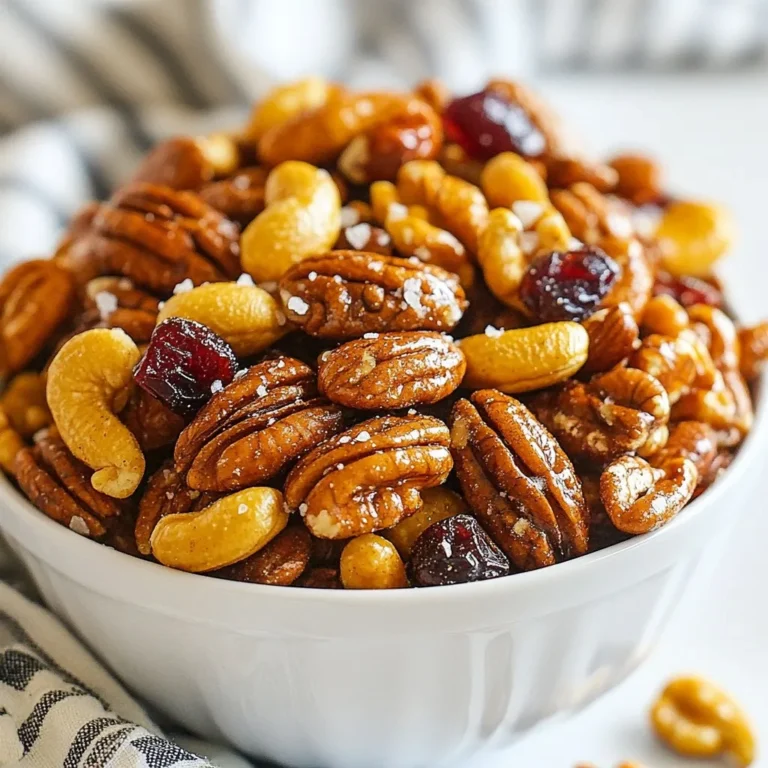 - 2 cups mixed raw nuts: - Almonds - Cashews - Pecans - Walnuts - 1/2 cup unsalted butter (melted) - 1/4 cup brown sugar - 1 teaspoon cinnamon - 1/2 teaspoon cayenne pepper (adjust for spiciness) - 1 teaspoon smoked paprika - 1 teaspoon sea salt - 1/2 teaspoon vanilla extract - 1/4 cup dried cranberries (for a sweet touch) You can add these at the end for a nice flavor. They look pretty too! {{ingredient_image_1}} First, gather your mixed nuts. You can use almonds, cashews, pecans, or walnuts. Measure out 2 cups and place them in a large bowl. This mix adds great taste and crunch. Set the bowl aside for now. We’ll come back to it soon. Next, grab a separate mixing bowl. Melt 1/2 cup of unsalted butter in the microwave or on the stove. Once melted, pour it into the bowl. Add 1/4 cup of brown sugar, 1 teaspoon of cinnamon, and 1/2 teaspoon of cayenne pepper. If you want a little heat, keep the cayenne. For extra flavor, add 1 teaspoon of smoked paprika and 1 teaspoon of sea salt. Finally, stir in 1/2 teaspoon of vanilla extract. Whisk everything together until smooth. This mix will give the nuts their amazing flavor. Now, it’s time to combine the two mixtures. Pour the spice mixture over the nuts in the large bowl. Make sure all the nuts get coated well. Use a spatula to stir gently, ensuring every nut gets the spice mix. Next, transfer the coated nuts to the slow cooker. Spread them out evenly. Cover the slow cooker and set it to low heat. Cook for 2 hours, stirring every 30 minutes. This helps them cook evenly and prevents burning. After 2 hours, turn off the cooker. Let the nuts cool in the pot for 30 minutes. This cooling time helps them crisp up. If you like, mix in 1/4 cup of dried cranberries for a sweet touch. Once cooled, serve your spiced nuts in a bowl or store them in an airtight container. Enjoy your delicious snack! To get the best flavor, use a mix of nuts. Almonds, cashews, pecans, and walnuts work well together. Each nut brings a different taste and texture. For sweetness, brown sugar adds a nice touch. The cinnamon and smoked paprika give warmth and depth. Adjust the cayenne pepper to suit your taste. A little heat can make the nuts pop! Stir the nuts every 30 minutes while they cook. This step helps them cook evenly. If you notice the nuts starting to brown too fast, lower the heat. You want a golden color, not burnt bits. Letting the nuts cool in the pot for 30 minutes also helps keep them from getting burnt. This cooling time lets them crisp up nicely. Once the nuts are cool, store them in an airtight container. This keeps them fresh and crunchy. You can keep them on the counter for up to a week. For longer storage, put them in the fridge. They can last up to a month there. Remember to check for any changes in smell or texture before eating. Enjoy your spiced nuts any time! Pro Tips Even Coating: Make sure to stir the nuts thoroughly in the spice mixture to ensure each nut is evenly coated for maximum flavor. Customize Your Nuts: Feel free to mix different types of nuts or add seeds like pumpkin or sunflower for a unique flavor and texture. Adjust Spice Levels: Modify the amount of cayenne pepper based on your heat preference; start with less and add more if you like it spicier. Storage Tips: Store the cooled spiced nuts in an airtight container at room temperature for up to two weeks to maintain freshness. {{image_2}} You can mix and match nuts to find your favorite combo. Almonds, cashews, pecans, and walnuts work great together. But don't stop there! Try adding hazelnuts, Brazil nuts, or even macadamia nuts. Each nut adds its own flavor and texture. If you want something new, swap out a nut for a seed, like pumpkin or sunflower seeds. Get creative with your spices! While cinnamon and cayenne pepper are my go-tos, you can try other spices. For a sweet twist, use nutmeg or allspice. Want something bold? Add cumin or coriander for a savory kick. You can even play with herbs. Rosemary or thyme can give a fresh taste. Just remember to adjust the amounts based on your taste. You can decide if you want sweet or savory nuts. For sweet, add more brown sugar or drizzle honey on top. You can also add chocolate chips or toffee bits for a dessert vibe. If you prefer savory, increase the smoked paprika or cayenne pepper for heat. You could even toss in some garlic powder or onion powder for extra depth. Each choice can change the whole taste of your spiced nuts! To keep your spiced nuts fresh, use an airtight container. Glass jars or plastic bins work well. Store them in a cool, dark place, like a pantry. Avoid areas with heat or moisture. If you have a lot, consider dividing them into smaller portions. This way, you can enjoy a snack without exposing all the nuts to air. When stored properly, spiced nuts can last about two weeks. They stay fresh at room temperature. If you want them to last longer, move them to the fridge. In the fridge, they can last up to a month. Freezing is another option. In the freezer, they can last for three months. Just remember to thaw them in the fridge before eating. If your nuts lose their crunch, you can refresh them. Preheat your oven to 350°F (175°C). Spread the nuts on a baking sheet. Bake for 5 to 10 minutes. Keep an eye on them to avoid burning. You can also reheat them in a dry skillet over medium heat. Stir often and remove once they are warm and fragrant. To make Slow Cooker Spiced Nuts, start with 2 cups of mixed raw nuts. You can use almonds, cashews, pecans, or walnuts. Next, melt 1/2 cup of unsalted butter. In a bowl, mix the melted butter with 1/4 cup brown sugar, 1 teaspoon cinnamon, 1/2 teaspoon cayenne pepper, 1 teaspoon smoked paprika, 1 teaspoon sea salt, and 1/2 teaspoon vanilla extract. Stir until smooth. Pour this mixture over the nuts and stir well. Place the nuts in the slow cooker and spread them evenly. Cook on low for 2 hours, stirring every 30 minutes. After cooking, let the nuts cool in the pot for 30 minutes to get crispy. Yes, you can use pre-roasted nuts. However, keep in mind that they may cook faster. This can lead to a different texture. If using pre-roasted nuts, reduce the cooking time. Stir them often to avoid burning. The spice mix will still add great flavor, but the crunch might change a bit. Cooking times can vary based on the nut type. Almonds and cashews often cook well in about 2 hours. Pecans and walnuts might take a little longer. Always stir the nuts every 30 minutes to help them cook evenly. If you notice any nuts browning too quickly, take them out sooner. Trust your nose; if they smell toasted, they are likely ready! In this article, we explored how to make slow cooker spiced nuts. We covered essential ingredients, step-by-step cooking, and expert tips. You learned about different nut combinations, flavor options, and storage tips. For best results, balance your spices and store your nuts properly. Customize your mix to suit your taste. Enjoy your tasty, homemade snacks anytime you want!