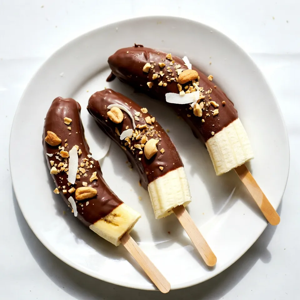 Here is what you need to make chocolate covered banana pops: - 4 ripe bananas - 1 cup semi-sweet chocolate chips - 2 tablespoons coconut oil - 1/2 cup crushed nuts (e.g., almonds, walnuts, or peanuts) - 1/2 cup shredded coconut (optional) - 4 popsicle sticks or wooden skewers - Sea salt for sprinkling (optional) These ingredients are simple and easy to find. Ripe bananas give the best flavor and sweetness. Semi-sweet chocolate chips melt nicely, creating a smooth coating. Coconut oil helps the chocolate stay shiny and smooth. You can choose your favorite nuts or skip them if you prefer. Shredded coconut adds a fun texture, but it’s not a must. Don’t forget the popsicle sticks! They make it easy to hold and eat the pops. A sprinkle of sea salt elevates the flavor, making it sweet and salty. It is fun to mix and match toppings. Use your favorites to create a unique treat! This list keeps it easy and fun. Gather these ingredients, and you are ready to create a delicious snack! {{ingredient_image_1}} First, take your ripe bananas. Peel them carefully. Next, cut each banana in half across the middle. You should have four pieces. Now, grab your popsicle sticks. Insert one stick into the cut end of each banana half. This step will make them easy to hold later. Next, line a baking sheet with parchment paper. This will stop the banana pops from sticking. Place your banana pops on the lined sheet. Make sure they are spaced apart. Now, put the baking sheet in the freezer. Let the pops freeze for about one hour. They should feel firm to the touch. While the bananas freeze, you can melt the chocolate. In a microwave-safe bowl, add the chocolate chips and coconut oil. Heat this mixture in the microwave. Do it in 30-second intervals. Stir in between each interval until it is smooth. Once the bananas are frozen, take them out of the freezer. Dip each banana pop into the melted chocolate. Make sure to coat them well. Let any extra chocolate drip off. Before the chocolate hardens, sprinkle crushed nuts or shredded coconut on top. If you like, add a pinch of sea salt for a tasty twist. Place the decorated pops back on the baking sheet. Return them to the freezer for about 30 more minutes. Once the chocolate is set, your banana pops are ready to enjoy! To get a smooth dip, melt your chocolate chips with coconut oil. Use a microwave-safe bowl. Heat in 30-second bursts, stirring each time. This method helps the chocolate stay smooth. To prevent chocolate from hardening too quickly, work fast. Dip each banana pop while the chocolate is warm. You can also keep the melted chocolate over low heat. This keeps it runny. For presentation, arrange the pops neatly on a platter. Drizzle leftover melted chocolate over the top. This adds a touch of elegance. You can also sprinkle more crushed nuts or colorful sprinkles for fun. Try different flavor combinations. Use crushed nuts, shredded coconut, or a sprinkle of sea salt. Each adds a unique taste. You can also dip them in white or dark chocolate for variety. Bananas are a great snack. They are high in potassium and vitamins. These nutrients help with muscle function and energy. For healthier chocolate options, choose dark chocolate. It has less sugar and more antioxidants. You can also look for dairy-free or organic chocolate. These options can make your treat even better! Pro Tips Perfectly Ripe Bananas: Choose bananas that are just ripe with a few brown spots for optimal sweetness and flavor. Chocolate Melting Technique: Use a double boiler or microwave in short bursts to prevent burning the chocolate while melting. Customization Options: Feel free to experiment with different toppings like mini chocolate chips, dried fruits, or sprinkles for added fun! Storage Tips: Store leftover pops in an airtight container in the freezer for up to a week for a quick and satisfying snack. {{image_2}} You can make chocolate covered banana pops even more fun with new flavors. Try adding different toppings like: - Sprinkles - Crushed cookies - Mini marshmallows - Drizzles of caramel or peanut butter You can also switch up the chocolate. Use white or dark chocolate for a unique taste. Each type gives a new twist to your banana pops. Bananas are great, but many other fruits work well too. Try using: - Strawberries - Apples - Pineapple chunks These fruits are delicious when dipped in chocolate. If you need a change due to allergies, choose fruits that work for you. Make your banana pops festive for holidays or parties. Add seasonal toppings like: - Red and green sprinkles for Christmas - Heart-shaped sprinkles for Valentine’s Day - Pumpkin spice for fall treats You can also use themed decorations. Use fun colors and shapes to match your event. This makes your treats stand out and adds joy to any gathering. To keep your banana pops fresh, store them in an airtight container. Place parchment paper between each pop to avoid sticking. This helps keep them nice and neat. They freeze well, so don’t worry if you have extras. Just pop them back in the freezer. For reheating, I suggest letting them sit out for a few minutes. This way, they soften up a bit. Then, enjoy them as is. There’s no need to reheat chocolate-covered banana pops. Banana pops stay good in the freezer for about two months. After that, they may lose taste or texture. Check for signs of spoilage. If the chocolate looks dull or the bananas turn brown, it’s time to toss them. Freshness matters for flavor and enjoyment. Have extra chocolate or toppings? Use that chocolate for drizzling on other snacks! You can coat pretzels or fruit slices. For toppings, sprinkle crushed nuts on yogurt or oatmeal. If you want other dessert ideas, try making chocolate-covered strawberries or apples. They are fun and easy! You can use the same steps for coating. Enjoy getting creative with your leftovers! For melting, I recommend using semi-sweet chocolate chips. They melt well and have a nice taste. You can also use dark chocolate for a richer flavor. If you prefer a sweeter option, choose milk chocolate. Just make sure the chocolate is made for melting. Avoid chocolate bars with extra ingredients, as they may not melt smoothly. Yes, you can make these banana pops ahead of time. After coating them in chocolate, freeze them for up to two weeks. Just wrap each pop in plastic wrap to prevent freezer burn. You can also prepare the bananas and freeze them in advance. This way, you can dip them in chocolate whenever you want a treat. To make this recipe vegan, swap out the semi-sweet chocolate chips for dairy-free chocolate chips. Use coconut oil as the fat, which is already vegan. For the toppings, ensure that the nuts and coconut are free from animal products. This way, you can enjoy a tasty treat without any animal-based ingredients. You learned how to make tasty banana pops. We covered the easy steps, ingredients, and fun variations. Plus, we shared tips on storage and health benefits. Feel free to get creative with flavors and toppings. These pops can fit any party or snack time. Enjoy making them with friends and family. These treats are not just yummy; they're fun to make! Happy snacking!