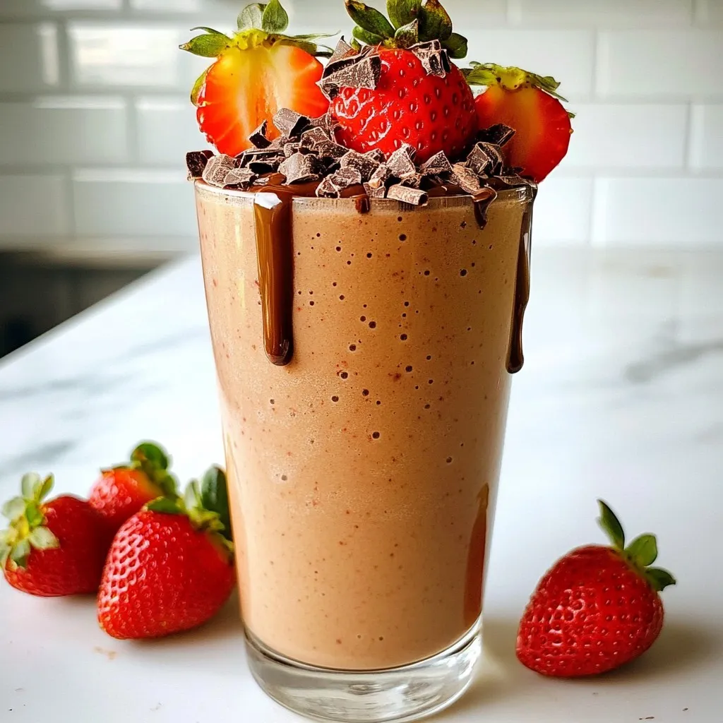 In this delightful Chocolate Covered Strawberry Smoothie, each ingredient plays a key role. Let’s break down the list of what you need: - 1 cup fresh strawberries, hulled - 1 banana, frozen - 1 cup almond milk (or milk of choice) - 2 tablespoons cocoa powder - 1 tablespoon honey or maple syrup - 1/4 cup Greek yogurt - Ice cubes (optional) - Chocolate shavings or pieces for garnish Fresh strawberries are the star of this show. They add a bright, fruity flavor. The frozen banana brings in natural sweetness and creamy texture. Almond milk keeps it light and tasty, but you can use any milk you prefer. Cocoa powder gives us that rich chocolate flavor we crave. Honey or maple syrup sweetens the mix just right. Greek yogurt adds creaminess and a boost of protein. If you like a thicker smoothie, throw in some ice cubes. Finally, finish it off with chocolate shavings. They add a nice touch and make it look fancy. These ingredients blend together to create a smooth and creamy drink. Each sip is a tasty reminder of chocolate-covered strawberries. You’ll love how easy it is to make this treat! {{ingredient_image_1}} Start by hulling the strawberries. This means you cut off the green tops and remove the white part. Use a small knife or a huller. This step makes the strawberries sweet and ready for blending. Next, freeze the banana. Peel the banana and slice it into small pieces. Spread the banana pieces on a plate and place it in the freezer. This will give your smoothie a nice, creamy texture. Now, it is time to blend! Take your hulled strawberries, frozen banana, and your choice of almond milk. Add them into the blender. Next, add the cocoa powder, honey, and Greek yogurt. These ingredients make your smoothie rich and flavorful. If you want a thicker smoothie, toss in a handful of ice cubes. This will make your drink cold and refreshing. Blend everything on high until it is smooth and creamy. Make sure to scrape down the sides if needed. After blending, taste your smoothie. If it is not sweet enough, add more honey or maple syrup. Blend again for a quick mix. Now, pour the smoothie into a tall glass. For a fun finish, add chocolate shavings on top. You can also place a fresh strawberry on the rim of the glass. Enjoy your delicious treat! To boost the taste, try different milks. Almond milk gives a nice nutty flavor. Regular milk or oat milk can also work well. Each milk adds its own twist. Using frozen strawberries is a great idea too. They make the smoothie thicker and creamier. Frozen fruit keeps the drink cold without adding ice. This way, the flavor shines through. You can adjust the sweetness to fit your taste. Start with one tablespoon of honey or maple syrup. Blend, then taste. If you want it sweeter, add more. For a sugar-free option, use ripe bananas. They add natural sweetness without sugar. You can also try stevia or monk fruit sweetener as alternatives. Pro Tips Choose Ripe Strawberries: Select strawberries that are bright red and slightly soft to the touch for the best flavor and sweetness. Frozen Banana for Creaminess: A frozen banana not only adds natural sweetness but also gives the smoothie a creamy texture. Adjust Sweetness to Taste: Depending on the ripeness of your bananas and strawberries, you may need to adjust the amount of honey or maple syrup. Garnish with Flair: Enhance presentation by adding chocolate shavings or a drizzle of melted chocolate on top before serving. {{image_2}} You can add almond or peanut butter for a rich twist. Just one or two tablespoons will do. The nutty flavor pairs well with the chocolate and strawberry. It also adds healthy fats and protein. This change makes the smoothie even creamier. Blend it all together until smooth, and enjoy your nutty delight! If you want a vegan smoothie, simply swap the Greek yogurt. Use coconut yogurt or any plant-based yogurt. This keeps the smooth and creamy texture without dairy. The taste remains delicious, and you still get that chocolate-strawberry flavor. It's a great choice for those who avoid animal products! To make your smoothie even more filling, add protein powder. A scoop of your favorite protein blend works great. You can also add more Greek yogurt if you prefer. This extra protein helps keep you full longer. It's perfect for a post-workout snack or a busy morning meal. Blend it in, and enjoy a more satisfying smoothie! To keep your Chocolate Covered Strawberry Smoothie fresh, consider these tips: - Refrigerating leftovers: Store any leftover smoothie in an airtight container. It stays good for up to 24 hours in the fridge. When you are ready to drink it, shake or stir well to mix the ingredients again. - Freezing portions for later use: If you want to save some for later, freeze the smoothie in ice cube trays. Once frozen, pop the cubes into a bag. You can blend them later for a quick and easy treat. How do you reinvigorate a smoothie after refrigeration? Simply add a splash of almond milk or water to the smoothie. Blend it again until it’s smooth. This adds moisture and brings back its delicious texture. If it’s too thick, just add a bit more liquid until you are happy with the consistency. Yes, you can use frozen strawberries. They bring a lot of benefits. Frozen strawberries are picked at peak ripeness. This means they taste great! They also make your smoothie cold and creamy. Plus, using frozen fruit can make your smoothie thicker. This can be fun if you like a shake-like texture. To make your smoothie more filling, try adding a few things. You can mix in oats for fiber. They will help keep you full longer. You can also add nut butter. Almond or peanut butter adds healthy fats and protein. Another option is to use more Greek yogurt. This adds creaminess and extra protein. Absolutely! This smoothie is great for kids. It has natural sweetness from strawberries and banana. Kids love the taste of chocolate, too! The Greek yogurt gives them protein and calcium. This makes it a healthy treat. It’s a fun way to get some fruit into their diet. Yes, you can use any milk you like! Almond milk is a great choice, but try others, too. Soy milk is creamy and rich. Coconut milk gives a tropical twist. Oat milk is also a nice option. Each type of milk adds its own flavor. Choose what you enjoy most! This smoothie recipe packs nutrition and flavor in every sip. You now know the key ingredients and steps to blend your perfect drink. Remember, you can modify it to fit your taste and dietary needs. Try adding nut butter or protein powder for a boost. Store any leftovers in the fridge or freezer for later enjoyment. With this guide, you can make a delicious, healthy smoothie anytime. Enjoy every delicious drop!