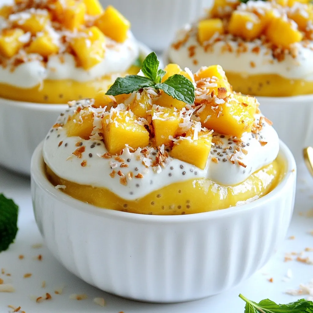 - 1 cup coconut milk - 1/2 cup almond milk - 1/4 cup chia seeds - 2 tablespoons maple syrup (or honey) - 1 ripe mango, diced - 1 teaspoon vanilla extract - 1/4 teaspoon salt - Optional garnishes: toasted coconut flakes and mint leaves To create this Coconut Mango Chia Pudding, gather all your ingredients first. You need both coconut and almond milk for creaminess and flavor. The chia seeds are the magic ingredient that thickens the pudding while adding healthy fiber. Maple syrup or honey gives a touch of sweetness. You want a ripe mango that is sweet and juicy. The vanilla extract adds depth, and a pinch of salt enhances all the flavors. If you want to make it pretty, consider adding toasted coconut flakes and fresh mint leaves as optional garnishes. With these ingredients, you can enjoy a delicious, refreshing treat that is also good for you. Each bite will be a delightful mix of creamy pudding and fruity goodness. {{ingredient_image_1}} In a mixing bowl, combine: - 1 cup coconut milk - 1/2 cup almond milk - 1/4 cup chia seeds - 2 tablespoons maple syrup - 1 teaspoon vanilla extract - 1/4 teaspoon salt Whisk until smooth and well combined. The coconut milk gives a creamy texture, while the almond milk adds a nice touch. The chia seeds will soak up the liquid and create a lovely pudding. Let the mixture sit for 5-10 minutes. This step is key! The chia seeds will begin to swell and absorb the liquid. After your timer goes off, whisk again to prevent clumping. This keeps the pudding smooth and enjoyable. Now, it's time to chill! Cover the bowl with plastic wrap or transfer the mixture to serving jars. Refrigerate for at least 4 hours, or overnight if you can wait. This chilling time allows the chia seeds to expand fully, thickening your pudding into a delightful treat. To get the right texture, you can adjust the liquid ratios. If you want a thicker pudding, use less almond milk. For a thinner pudding, add more coconut milk. This lets you control the creaminess, making it just how you like it. To change the taste, try adding spices or extracts. A dash of cinnamon can give warmth. For a tropical vibe, a hint of cardamom works well. You can also add almond or coconut extract for extra flavor. Experimenting with these can make each batch unique. There are many fun ways to serve your pudding. Layer it in clear glasses for a pretty look. Top it with fresh mango for a burst of color. You can also sprinkle toasted coconut flakes on top for some crunch. Garnish with mint leaves for a fresh touch. These ideas make your pudding not only tasty but also visually appealing. Pro Tips Choose Ripe Mangoes: Make sure to use ripe mangoes for the best flavor and sweetness in your pudding. Prevent Clumping: Whisk the mixture after 5-10 minutes to prevent the chia seeds from clumping together. Overnight Chilling: For the best texture, refrigerate the pudding overnight to allow the chia seeds to fully expand. Garnish with Freshness: Enhance the flavor and presentation by garnishing with fresh mint leaves and toasted coconut flakes. {{image_2}} You can make this pudding fun with different fruits. Berries add a tart kick. Try strawberries, blueberries, or raspberries. Bananas bring natural sweetness and creaminess. You can also mix fruits for a colorful treat. Just remember, use ripe fruits for the best flavor. If you want a dairy-free choice, swap almond milk for oat milk or soy milk. Each milk brings a unique taste. Coconut milk is rich and creamy, while oat milk adds a mild flavor. Soy milk is thick and protein-rich. These options keep your pudding smooth and tasty. You can change the sweetness to fit your taste. Maple syrup works well, but honey is another great choice. If you want less sugar, try agave or stevia. Both are natural and sweet. Just adjust the amount to find your perfect balance. To keep your coconut mango chia pudding fresh, store it in the fridge. Use an airtight container or individual jars. This helps prevent the pudding from absorbing odors. Always cover it well, so it stays fresh and tasty. Your chia pudding lasts about 4 to 5 days in the fridge. Look for changes in texture or smell. If it smells off or has a strange color, it's best to toss it. Freshness is key for the best taste. You can enjoy your leftovers cold or at room temperature. If you prefer warmth, gently heat it in the microwave. Add a splash of coconut or almond milk to refresh the texture. Just heat it for a few seconds to avoid cooking the chia seeds. Enjoy your pudding with new mango or coconut flakes on top for extra flavor! Coconut Mango Chia Pudding stays fresh for up to five days in the fridge. Store it in a sealed container. After five days, it may lose its taste and texture. Always check for any signs of spoilage, like a sour smell or changes in color. Yes, you can use other milk types! Almond milk works well, but you can try soy, oat, or even cashew milk. Each milk gives a unique flavor. Just keep the same liquid amount for the best results. Chia pudding is very healthy! Chia seeds are high in fiber and omega-3 fatty acids. Coconut milk provides healthy fats, while mango adds vitamins and minerals. This pudding is a great snack or breakfast option. It fills you up and gives you energy. Plus, it’s low in added sugars, especially if you adjust the sweetener. This blog post walked you through making Coconut Mango Chia Pudding. We covered all the ingredients, steps, tips, and variations. You learned how to get the best texture and flavor. Remember, there are many ways to mix in your favorite fruits or sweeteners. Enjoy your pudding fresh or stored for later. Using this recipe, you can create a tasty snack that is both fun and healthy. Dive in, and make it your own!