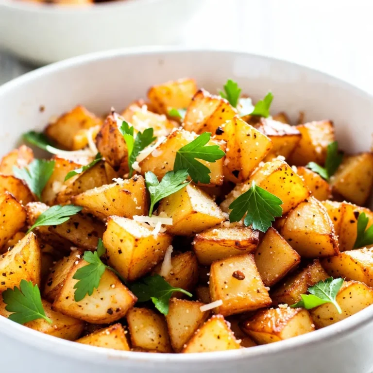 Here are the simple ingredients needed for Garlic Parmesan Air Fryer Potatoes. You will need: - 4 medium-sized potatoes, cubed - 3 tablespoons olive oil - 4 cloves garlic, minced - 1 teaspoon dried oregano - 1 teaspoon onion powder - 1 teaspoon paprika - Salt and pepper to taste - ½ cup grated Parmesan cheese - Fresh parsley, chopped (for garnish) These ingredients create a tasty blend. The potatoes become crispy, while garlic adds flavor. Olive oil helps everything cook evenly. Parmesan cheese gives a nice, rich touch. Each herb and spice adds its own magic. Choosing the right potatoes is key. I recommend using russet or Yukon Gold for the best texture. They hold up well and crisp nicely in the air fryer. Feel free to adjust the seasonings. You can add more garlic for a stronger taste or reduce the salt if you prefer. Remember, cooking is about making the dish yours. Enjoy experimenting with these ingredients! {{ingredient_image_1}} Start by peeling the potatoes if you like. Then, cut them into even-sized cubes, about 1 inch thick. This size helps the potatoes cook evenly. If some pieces are bigger, they won’t cook the same as the smaller ones. Even cooking means each bite is just as tasty. In a large bowl, combine the cubed potatoes with olive oil and spices. You will need minced garlic, dried oregano, onion powder, paprika, salt, and pepper. Toss everything well. This step is key for flavor. Each potato cube should be coated in oil and spices. This ensures every bite has a burst of flavor. Preheat your air fryer to 400°F (200°C) for about five minutes. This makes sure the potatoes start cooking right away. Place the seasoned potatoes in the basket. Make sure they are in a single layer. If you overcrowd the basket, they won't get crispy. Cook the potatoes for about 15 to 20 minutes. Halfway through, shake the basket. This helps them cook evenly. When they turn golden and crispy, sprinkle grated Parmesan cheese on top. Cook for an extra 2 to 3 minutes. This lets the cheese melt and get a little crispy. Remove the potatoes and add fresh chopped parsley on top. This adds color and flavor. Enjoy them hot and crispy! To make your Garlic Parmesan Air Fryer Potatoes crispy, follow these steps: - Cut potatoes into even-sized cubes, about 1 inch. This helps them cook evenly. - Preheat your air fryer to 400°F (200°C). A hot fryer gives a nice crunch. - Place the seasoned potatoes in a single layer. Avoid overcrowding the basket. Too many potatoes will steam instead of crisp. Shaking the basket halfway through cooking is key. This action ensures that all sides get crispy. To elevate the flavor of your potatoes, consider these ideas: - Add extra seasonings like chili powder or rosemary for a twist. - Use fresh garlic instead of minced. Fresh garlic has a brighter flavor. - Fresh herbs like thyme or basil can boost taste and aroma. Experiment with spices and herbs to find your perfect mix! Presentation matters! Here are some fun ways to serve your potatoes: - Pair them with dips like sour cream or ranch. These add creaminess and flavor. - You can also serve them with a tangy sauce like aioli. It complements the garlic well. - Finish with a sprinkle of fresh parsley for color. This small touch makes a big difference! These tips will help you create crispy, flavorful Garlic Parmesan Air Fryer Potatoes each time. Enjoy! Pro Tips Cut Uniformly: Ensure your potato cubes are cut to the same size for even cooking and consistent crispiness. Don’t Overcrowd: Place the potatoes in a single layer in the air fryer to promote better air circulation and achieve a crispy texture. Shake for Even Cooking: Remember to shake the basket halfway through cooking to ensure all sides of the potatoes get crispy and golden. Experiment with Cheese: Try using different types of cheese like cheddar or mozzarella for a unique flavor twist. {{image_2}} You can use sweet potatoes instead of regular potatoes. Sweet potatoes add a nice sweetness. They also pair well with garlic and cheese. You should adjust cooking times if you switch. Sweet potatoes take about 20-25 minutes in the air fryer. Regular potatoes cook in about 15-20 minutes. Check for doneness by poking them with a fork. If you want to switch up the cheese, try cheddar or gouda. Both melt well and add great flavor. For those who prefer vegan options, nutritional yeast is a fantastic choice. It gives a cheesy taste without dairy. You can also use vegan cheese shreds, which melt nicely. Want to add some heat? Sprinkle in chili powder or cayenne pepper. Both bring warmth and a kick to the dish. You can also explore flavors from around the world. Try adding curry powder for a hint of India or smoked paprika for a Spanish twist. These spices can transform your potatoes into a whole new dish! Store your leftover Garlic Parmesan Air Fryer Potatoes in an airtight container. Keep them in the refrigerator for up to 3 days. This helps maintain their flavor and texture. To reheat, use the air fryer. Set it to 350°F (175°C) for about 5-8 minutes. This method keeps potatoes crispy. Avoid using the microwave, as it can make them soggy. Yes, you can freeze cooked potatoes. Place them in a single layer on a baking sheet first. Once frozen, transfer them to a freezer bag. They can stay fresh for up to 2 months. To thaw, leave them in the fridge overnight. Reheat in the air fryer for best results. Yes, you can use many kinds of potatoes. The best options for air frying are Yukon Gold, red potatoes, and Russets. Yukon Golds are creamy and hold their shape well. Red potatoes add a nice texture and flavor. Russets are fluffy and create a perfect crispy skin. Just remember to cut them into even pieces for even cooking. Absolutely! If you don’t have an air fryer, you can roast the potatoes in the oven. Preheat your oven to 425°F (220°C). Spread the seasoned potatoes on a baking sheet in a single layer. Bake for about 25-30 minutes. Toss them halfway through to ensure they cook evenly. You can also use a skillet on the stove. Just sauté them until they are golden brown and cooked through. To achieve extra crispy potatoes, follow these tips: - Soak the cut potatoes in cold water for 30 minutes. This helps remove excess starch. - Dry the potatoes well with a towel before mixing with oil and spices. - Avoid overcrowding the air fryer basket. This allows hot air to circulate around each potato piece. - Shake the basket halfway through cooking. This helps them cook evenly and get crispy on all sides. You can create delicious air-fried potatoes with simple ingredients and steps. We discussed the right potatoes, spices, and how to cook them perfectly in an air fryer. Remember to mix well for flavor and avoid overcrowding for crispiness. You can also explore variations with different potatoes and cheeses. Finally, store leftovers properly to keep them fresh. Enjoy experimenting in your kitchen! These flavorful potatoes can be a hit at any meal.