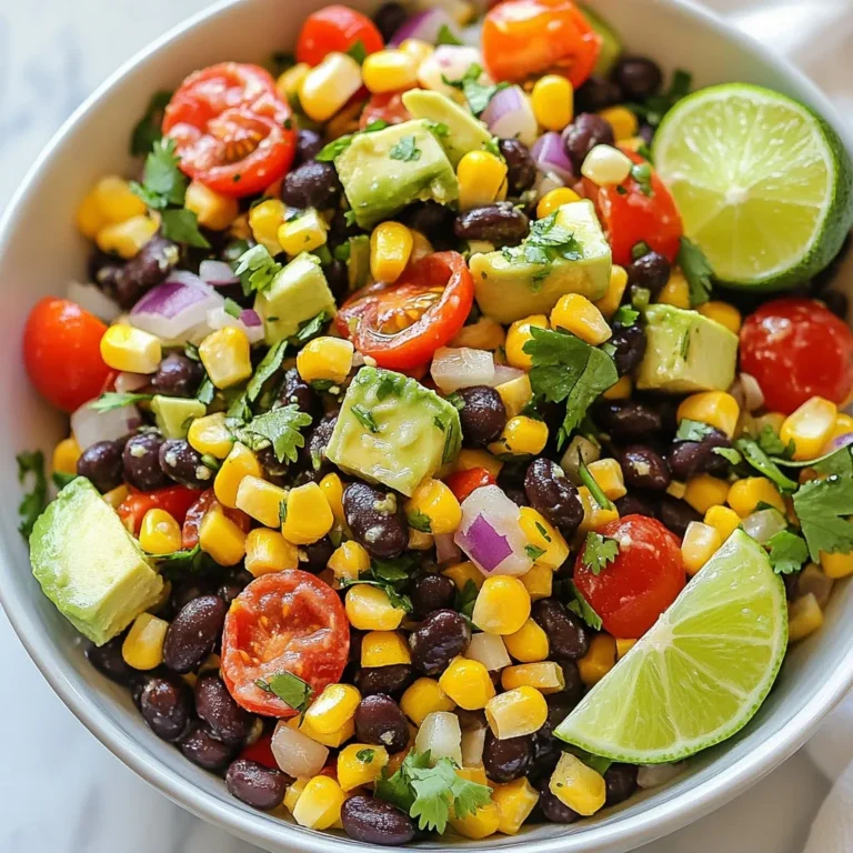- 1 can (15 oz) black beans, rinsed and drained - 1 can (15 oz) sweet corn, drained - 1 red bell pepper, diced - 1 small red onion, finely chopped - 1 avocado, diced - 1/2 cup cherry tomatoes, halved - 1/4 cup fresh cilantro, chopped - 2 limes (juice only) - 2 tablespoons olive oil - 1 teaspoon cumin - 1/2 teaspoon chili powder - Salt and pepper to taste To make this salad pop, you need fresh, vibrant ingredients. Black beans give a hearty base. Sweet corn adds a nice crunch. The red bell pepper brings a sweet, refreshing bite. Red onion gives a sharp contrast. Avocado adds creaminess. Cherry tomatoes add a burst of flavor. Fresh cilantro brightens everything up. For the dressing, you need lime juice, olive oil, cumin, and chili powder. These ingredients blend well. They make the salad tangy and zesty. Don't forget salt and pepper! They enhance all the flavors. - Additional cilantro - Lime wedges If you want to take it up a notch, add more cilantro. Lime wedges on the side make it fun. They add extra zest. These garnishes make your dish look festive and colorful! {{ingredient_image_1}} First, grab a large mixing bowl. Add one can of rinsed black beans and one can of drained sweet corn. Mix them well to combine. Next, chop the red bell pepper and finely chop the red onion. Add these to the bowl. Then, slice the cherry tomatoes in half and fold them into the salad. Lastly, gently add the diced avocado and chopped cilantro. Be careful not to mash the avocado. Now, let’s make the dressing. In a small bowl, squeeze the juice from two limes. Add two tablespoons of olive oil, one teaspoon of cumin, and half a teaspoon of chili powder. Season with salt and pepper. Whisk everything together until it blends well. Pour this dressing over the salad mix. Toss gently to coat all the ingredients. After mixing, let the salad sit for about 10 to 15 minutes. This helps all the flavors meld together. For a vibrant look, serve the salad in a large bowl. You can also garnish with extra cilantro and lime wedges. For a fun twist, serve in individual cups for a festive touch. Enjoy the fresh and colorful flavors! To get the best taste from your Fiesta Black Bean Corn Salad, start with seasoning. You can add salt and pepper to fit your taste. This lets you control the flavor. If you want more spice, add extra chili powder. Let the salad sit for about 10 to 15 minutes before serving. This resting time helps all the flavors blend well. The lime juice soaks into the beans and veggies, making them extra tasty. If you don't have black beans, you can use pinto beans or chickpeas instead. These options still give you great taste and texture. For corn, frozen corn works well too. Just thaw it before adding. You can swap out veggies based on the season. In summer, add fresh zucchini or cucumbers. In fall, try roasted sweet potatoes for a warm twist. These swaps keep the salad fresh and fun. For leftovers, store the salad in an airtight container. This keeps it fresh longer. Place it in the fridge, where it lasts for about 3 days. When you store it, the flavors may change a bit. The avocado can turn brown, but it will still taste good. If you want to keep it looking fresh, add the avocado just before you serve it. Pro Tips Fresh Ingredients: Using fresh ingredients, especially the lime and cilantro, will elevate the flavor of this salad significantly. Chill Before Serving: Allowing the salad to chill for a bit enhances the flavors. Make it ahead of time and refrigerate for best results. Customize Your Veggies: Feel free to add other vegetables like diced cucumbers or jalapeños for added crunch and spice! Perfect Avocado: To prevent the avocado from browning, add it just before serving, or toss it with a little lime juice for extra protection. {{image_2}} You can boost this salad's nutrition by adding proteins. Avocado adds creaminess and healthy fats. You can also add grilled chicken for a heartier meal. If you want more black beans, try using two cans instead of one. This will make the salad richer in flavor and protein. For a spicy kick, incorporate jalapeños. Just chop them finely and mix them in. You can also add hot sauce to the dressing. This will give the salad a zesty edge you’ll love. Make sure all your ingredients are vegan and gluten-free. Use a gluten-free dressing if you want to avoid gluten. You can serve this salad with corn tortillas or lettuce wraps for a fun twist. - Overall calories: Each serving has about 180 calories. - Macronutrient distribution: You get 8g of protein, 6g of fat, and 27g of carbs. Black beans are great for you. They are full of protein and fiber. This helps keep you full and aids digestion. Corn adds sweetness and vitamins. It has antioxidants that can protect your body. The veggies in the salad also provide health perks. Red bell peppers are high in vitamin C. They boost your immune system. Red onions have compounds that may lower blood pressure. Avocado gives you healthy fats and helps with skin health. You can reduce calories by using less olive oil or skipping the avocado. Instead, add more veggies like spinach or cucumbers. This keeps the salad fresh and low in calories. You can also use low-sodium black beans to cut back on salt. Fiesta Black Bean Corn Salad lasts about 3 to 5 days in the fridge. To store it properly, place it in an airtight container. Make sure to keep the salad cool, away from heat. If you see any signs of spoilage, it’s best to toss it out. Yes, you can make this salad a day ahead. Just leave out the avocado until serving. This keeps it fresh and green. You can mix all other ingredients and store them in the fridge. When you are ready to serve, add the avocado and toss. This way, the salad stays tasty and crunchy. Fiesta Black Bean Corn Salad pairs well with many dishes. Try serving it with grilled chicken or fish for a complete meal. It also goes great with tacos or quesadillas. For a lighter option, serve it with tortilla chips for a fun dip. Enjoy this salad as a side or a main dish! This blog post explores the vibrant Fiesta Black Bean Corn Salad. You learned about the fresh ingredients that create its bold flavor, how to prepare and dress the salad, and tips for the best taste. We covered storage methods and healthy options to keep it nutritious. Remember, you can customize it to fit your taste or dietary needs. Enjoy making this salad and sharing it with friends and family! Your kitchen will be filled with color and flavor. Get ready to dig in!