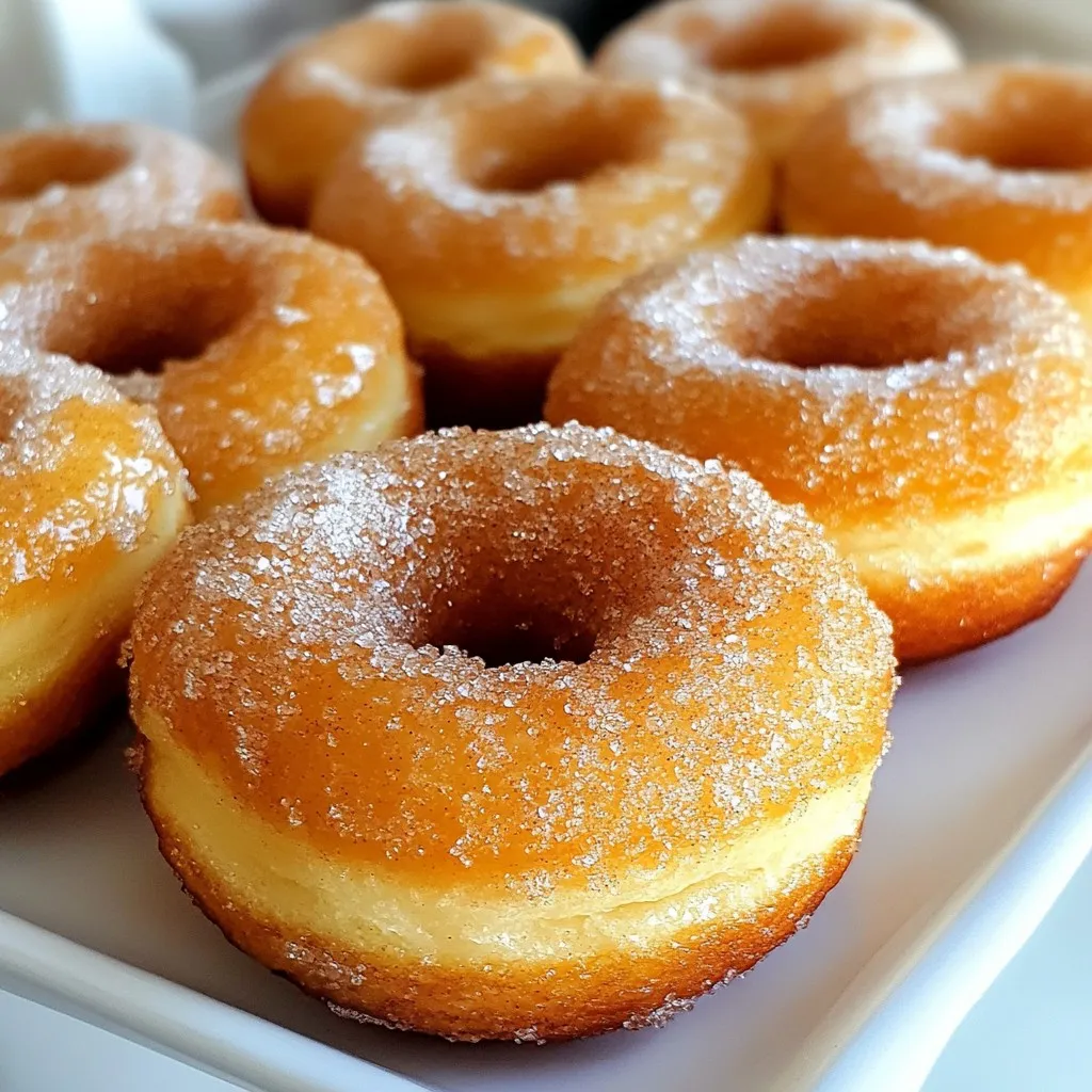 - 1 cup all-purpose flour - 1/2 cup granulated sugar - 2 teaspoons baking powder - 1/2 teaspoon salt - 1/2 teaspoon ground cinnamon - 1/2 cup milk - 1 large egg - 2 tablespoons unsalted butter, melted - 1 teaspoon vanilla extract - 1/4 cup granulated sugar (for coating) - 2 teaspoons ground cinnamon (for coating) Using fresh baking powder helps the donuts rise well. Make sure your flour is not lumpy. The milk gives moisture and helps mix the batter smoothly. Use room temperature eggs for better mixing. Unsalted butter adds a rich flavor. Vanilla gives a sweet touch to the taste. For the coating, fresh cinnamon brings out the best flavor. You can use whole wheat flour for a healthier option. Almond milk works great if you want a dairy-free version. For a richer taste, try using brown sugar in place of white sugar. If you don't have a donut mold, a muffin tin works just fine. You can also shape them freeform if you like. {{ingredient_image_1}} Start by preheating your air fryer to 350°F (175°C). This helps the donuts cook evenly. I find it best to let it warm up for about 5 minutes. You want it hot before you add the donuts. In a medium bowl, add these dry ingredients: - 1 cup all-purpose flour - 1/2 cup granulated sugar - 2 teaspoons baking powder - 1/2 teaspoon salt - 1/2 teaspoon ground cinnamon Whisk these ingredients together well. This step mixes the flavors and ensures even baking. It’s important to break up any lumps in the flour. In another bowl, mix together: - 1/2 cup milk - 1 large egg - 2 tablespoons unsalted butter, melted - 1 teaspoon vanilla extract Stir these until smooth. Make sure the butter is not too hot, or it will cook the egg. You want a nice blend of flavors here. Now, lightly grease your donut mold. If you don’t have one, use a muffin tin or shape freeform donuts. Fill each mold halfway with the batter. This helps them rise without spilling over. Place the mold in the air fryer basket. Cook for 5-6 minutes. Check doneness with a toothpick. If it comes out clean, your donuts are ready. Once cooked, let the donuts cool slightly before rolling them in the cinnamon-sugar mix. Enjoy these warm treats! To get the best donuts, preheat your air fryer. Set it to 350°F (175°C). This helps the donuts cook evenly. A hot air fryer gives your donuts a nice, golden color. Preheating takes just a few minutes. It is a small step that makes a big difference. When you mix your batter, do it gently. Overmixing makes donuts tough. You want a light and fluffy texture. Mix until the dry and wet ingredients are just combined. Some lumps are okay. This keeps your donuts soft and airy. To coat your donuts evenly, roll them in the cinnamon-sugar mix while they are warm. This helps the sugar stick better. Use a shallow dish for the mix. Gently roll each donut to cover all sides. This gives you a tasty, sweet crust that everyone loves. Pro Tips Use Fresh Ingredients: Make sure to use fresh baking powder for the best rise and texture in your donuts. Donut Mold Alternatives: If you don't have a donut mold, consider using silicone molds or shape the donuts freeform on parchment paper. Quality Cinnamon: Use high-quality ground cinnamon for a more aromatic and flavorful coating on your donuts. Serve Warm: These donuts are best enjoyed warm right after coating them in cinnamon sugar for maximum flavor and texture. {{image_2}} You can easily change the flavor of your donuts. For a chocolate twist, add 1/4 cup of cocoa powder to your dry mix. This adds a rich taste. If you want warm spice, add 1/2 teaspoon of nutmeg. It pairs well with cinnamon. You can also mix in mini chocolate chips for extra sweetness. Be creative and try what you love! If you prefer a glaze, skip the cinnamon sugar. Mix 1 cup of powdered sugar with 2 tablespoons of milk. Stir until smooth. Dip each donut into the glaze while warm. This makes a sweet, sticky treat. You can add a splash of vanilla or almond extract for flavor. Glazed donuts are a fun twist on the classic! You can make these donuts healthier too. Swap all-purpose flour for whole wheat flour. This adds fiber and nutrients. The taste might be a bit nuttier, but it's still delicious. You can also cut back on sugar. Try using 1/4 cup of honey or maple syrup instead. These options help you enjoy a tasty treat while being mindful of health! To keep your donuts fresh, place them in an airtight container. This helps keep them soft. You can also use plastic wrap if you prefer. Store them at room temperature for up to two days. If you want to keep them longer, consider freezing. When you want to enjoy your donuts again, reheat them in the air fryer. Set the air fryer to 300°F (150°C) for about 3-4 minutes. This warms them up and keeps them soft. You can also use the microwave for 10-15 seconds, but the texture may change. If you want to save some donuts for later, freezing is a great idea. Let the donuts cool completely first. Then, wrap each one tightly in plastic wrap. Place them in a freezer bag to prevent freezer burn. They can last up to three months in the freezer. To enjoy, just thaw them at room temperature or reheat as mentioned. Yes, you can use a regular oven. Preheat your oven to 350°F (175°C). Place the donuts on a baking sheet lined with parchment paper. Bake for about 10-12 minutes, or until they are golden brown. Keep an eye on them to avoid overcooking. The texture may differ slightly, but they will still be tasty. These donuts are best enjoyed fresh. However, if you need to store them, place them in an airtight container. They will stay good for 1-2 days at room temperature. For longer storage, keep them in the fridge for up to a week. Just remember, they may lose some of their soft texture over time. Cinnamon sugar donuts pair well with many dips. You can try chocolate sauce for a sweet treat. A simple vanilla glaze works great too. If you prefer something fruity, a berry sauce adds a nice touch. For a twist, serve with maple syrup for dipping. Enjoy experimenting with your favorites! You learned how to make delicious donuts using an air fryer. We covered the key ingredients, step-by-step methods, and helpful tips. I shared easy variations and storage advice too. Remember, experimenting with flavors can make your treats even better. With this guide, you can bake tasty donuts at home. Enjoy the process and have fun sharing with others!
