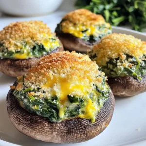 To make cheesy spinach stuffed mushrooms, you'll need: - 12 large portobello or cremini mushrooms, stems removed - 1 cup fresh spinach, chopped - 1/2 cup cream cheese, softened - 1/2 cup shredded mozzarella cheese - 1/4 cup grated Parmesan cheese - 2 cloves garlic, minced - 1/4 teaspoon red pepper flakes (optional) - Salt and pepper to taste - 1 tablespoon olive oil - 1 tablespoon fresh lemon juice - 1/4 cup bread crumbs I recommend using high-quality cheeses for the best flavor. Cream cheese brings a rich, creamy texture. Mozzarella melts really well, giving a gooey bite. Parmesan adds a nice nutty taste. If you like more flavor, try using aged cheeses like Pecorino Romano instead of Parmesan. Fresh spinach is best for this dish. It has a bright taste and vibrant color. You can easily chop and sauté it. If you use frozen spinach, make sure to thaw it and squeeze out excess water. This way, you won't end up with soggy stuffed mushrooms. Fresh spinach also holds its texture better when baked, making your dish look and taste amazing. {{ingredient_image_1}} First, choose 12 large portobello or cremini mushrooms. These mushrooms are sturdy and hold the filling well. Remove the stems gently; you can save them for another dish. Rinse the mushrooms under cool water to clean them. Pat them dry with a paper towel. This step helps the mushrooms cook evenly and absorb flavors. Next, heat 1 tablespoon of olive oil in a skillet over medium heat. Add 2 minced garlic cloves and sauté them until they smell great, about 1 minute. Then, add 1 cup of chopped fresh spinach to the skillet. Cook it until it wilts, about 2-3 minutes. Season with salt and pepper to taste. If you like spice, add 1/4 teaspoon of red pepper flakes. Remove the skillet from heat. In a mixing bowl, combine 1/2 cup of softened cream cheese, 1/2 cup of shredded mozzarella cheese, and 1/4 cup of grated Parmesan cheese. Add the cooked spinach mixture and 1 tablespoon of fresh lemon juice. Mix everything together until it’s smooth and well combined. This filling will be creamy and packed with flavor. Now it’s time to fill the mushrooms! Carefully spoon the cheesy spinach mixture into each mushroom cap. Don’t be shy; fill them generously! After filling, sprinkle the tops with 1/4 cup of bread crumbs. This will give your stuffed mushrooms a nice, crunchy top. Place the stuffed mushrooms on a baking sheet lined with parchment paper. Preheat your oven to 375°F (190°C). Bake the mushrooms for about 20-25 minutes. They are ready when they are tender and the tops are golden brown. Once they are done, remove them from the oven. Let them cool for a few minutes before serving. Enjoy your tasty cheesy spinach stuffed mushrooms! When picking mushrooms, look for firm caps. They should have a smooth surface. Avoid any that are slimy or have dark spots. For this dish, portobello or cremini mushrooms work best. Their size holds more filling. Fresh mushrooms add flavor and texture. Want a little kick? Add red pepper flakes to the spinach mix. Start with just a pinch. You can always add more later. For a milder taste, leave out the spice. You can also add herbs like basil or oregano for extra flavor. To get that gooey cheese effect, use fresh mozzarella. It melts beautifully and adds creaminess. Mixing in cream cheese helps bind everything together. Bake until the cheese is bubbly and golden. This will give your mushrooms a nice texture. Keep an eye on them so they don’t overcook. Pro Tips Choose Fresh Ingredients: Always opt for fresh spinach and high-quality cheeses to enhance the flavor of your stuffed mushrooms. Customize Your Spices: Feel free to add different spices or herbs like thyme or oregano to the cheese mixture for a unique twist. Don’t Overcook the Mushrooms: Keep an eye on the mushrooms while baking; you want them tender but not mushy for the best texture. Make Ahead: Prepare the stuffed mushrooms in advance and store them in the fridge until you're ready to bake them for a quick appetizer. {{image_2}} You can change the cheese in this recipe. Try using goat cheese for a tangy twist. Feta can add a great salty flavor. You might also like using cheddar for a richer taste. Mix and match cheeses to find your favorite blend. Remember, the cream cheese keeps the filling creamy. This lets you get creative with flavors. If you want a meatier dish, add cooked sausage or bacon. Brown the meat in the skillet before adding garlic. The meat adds a savory depth to the filling. Ground turkey or chicken are also great choices. Just make sure to drain excess fat. This keeps the filling from becoming too greasy. You can even mix in some chopped ham for a tasty variation. For a vegan option, swap the cream cheese. Use cashew cream or tofu instead. Nutritional yeast can add a cheesy taste without dairy. For the cheese, try vegan mozzarella shreds. These melt well and taste great. Make sure to use gluten-free bread crumbs if needed. This makes the dish both vegan and gluten-free. Adjust seasoning to ensure it’s flavorful and satisfying. To store your cheesy spinach stuffed mushrooms, place them in an airtight container. Keep them in the fridge. They will stay fresh for up to three days. Make sure they cool completely before storing. This avoids condensation and sogginess. To reheat the stuffed mushrooms, preheat your oven to 350°F (175°C). Place the mushrooms on a baking sheet. Heat them for about 10-15 minutes. This will keep them crispy and warm. You can also use a microwave. Just heat them for 30 seconds, but they may not stay crispy. If you want to freeze the mushrooms, do it before baking. Stuff the mushrooms and place them on a tray. Freeze them for about an hour until solid. Then, transfer them to a freezer bag. They can stay in the freezer for up to three months. When you're ready to cook, no need to thaw. Just bake them for about 30 minutes at 375°F (190°C). Enjoy this tasty treat anytime! Yes, you can use other mushrooms. Portobello and cremini work great, but others do too. Try button mushrooms for a smaller bite. Shiitake mushrooms add a unique flavor. Just remember, the size affects cooking time. Smaller mushrooms may need less time in the oven. To make this recipe gluten-free, use gluten-free bread crumbs. You can also skip the bread crumbs altogether. If you want a crunch, try crushed nuts or seeds. They add texture without gluten. Always check labels when buying ingredients to ensure they are gluten-free. A few tasty dipping sauces work well. Marinara sauce adds a classic touch. Ranch dressing gives a creamy option. You can also try balsamic glaze for a sweet kick. Experiment with your favorite sauces to find the perfect match! In this article, we explored the tasty world of cheesy spinach stuffed mushrooms. We covered the best ingredients, from fresh cheese to assorted mushrooms. You learned how to prepare and cook your filling while ensuring the perfect cheese melt. We also shared tips to customize your dish and variations for every diet. Finally, I provided ways to store and reheat leftovers. Enjoy creating your own unique stuffed mushrooms and impressing your family and friends!
