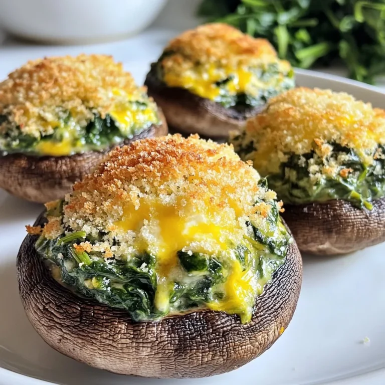 To make cheesy spinach stuffed mushrooms, you'll need: - 12 large portobello or cremini mushrooms, stems removed - 1 cup fresh spinach, chopped - 1/2 cup cream cheese, softened - 1/2 cup shredded mozzarella cheese - 1/4 cup grated Parmesan cheese - 2 cloves garlic, minced - 1/4 teaspoon red pepper flakes (optional) - Salt and pepper to taste - 1 tablespoon olive oil - 1 tablespoon fresh lemon juice - 1/4 cup bread crumbs I recommend using high-quality cheeses for the best flavor. Cream cheese brings a rich, creamy texture. Mozzarella melts really well, giving a gooey bite. Parmesan adds a nice nutty taste. If you like more flavor, try using aged cheeses like Pecorino Romano instead of Parmesan. Fresh spinach is best for this dish. It has a bright taste and vibrant color. You can easily chop and sauté it. If you use frozen spinach, make sure to thaw it and squeeze out excess water. This way, you won't end up with soggy stuffed mushrooms. Fresh spinach also holds its texture better when baked, making your dish look and taste amazing. {{ingredient_image_1}} First, choose 12 large portobello or cremini mushrooms. These mushrooms are sturdy and hold the filling well. Remove the stems gently; you can save them for another dish. Rinse the mushrooms under cool water to clean them. Pat them dry with a paper towel. This step helps the mushrooms cook evenly and absorb flavors. Next, heat 1 tablespoon of olive oil in a skillet over medium heat. Add 2 minced garlic cloves and sauté them until they smell great, about 1 minute. Then, add 1 cup of chopped fresh spinach to the skillet. Cook it until it wilts, about 2-3 minutes. Season with salt and pepper to taste. If you like spice, add 1/4 teaspoon of red pepper flakes. Remove the skillet from heat. In a mixing bowl, combine 1/2 cup of softened cream cheese, 1/2 cup of shredded mozzarella cheese, and 1/4 cup of grated Parmesan cheese. Add the cooked spinach mixture and 1 tablespoon of fresh lemon juice. Mix everything together until it’s smooth and well combined. This filling will be creamy and packed with flavor. Now it’s time to fill the mushrooms! Carefully spoon the cheesy spinach mixture into each mushroom cap. Don’t be shy; fill them generously! After filling, sprinkle the tops with 1/4 cup of bread crumbs. This will give your stuffed mushrooms a nice, crunchy top. Place the stuffed mushrooms on a baking sheet lined with parchment paper. Preheat your oven to 375°F (190°C). Bake the mushrooms for about 20-25 minutes. They are ready when they are tender and the tops are golden brown. Once they are done, remove them from the oven. Let them cool for a few minutes before serving. Enjoy your tasty cheesy spinach stuffed mushrooms! When picking mushrooms, look for firm caps. They should have a smooth surface. Avoid any that are slimy or have dark spots. For this dish, portobello or cremini mushrooms work best. Their size holds more filling. Fresh mushrooms add flavor and texture. Want a little kick? Add red pepper flakes to the spinach mix. Start with just a pinch. You can always add more later. For a milder taste, leave out the spice. You can also add herbs like basil or oregano for extra flavor. To get that gooey cheese effect, use fresh mozzarella. It melts beautifully and adds creaminess. Mixing in cream cheese helps bind everything together. Bake until the cheese is bubbly and golden. This will give your mushrooms a nice texture. Keep an eye on them so they don’t overcook. Pro Tips Choose Fresh Ingredients: Always opt for fresh spinach and high-quality cheeses to enhance the flavor of your stuffed mushrooms. Customize Your Spices: Feel free to add different spices or herbs like thyme or oregano to the cheese mixture for a unique twist. Don’t Overcook the Mushrooms: Keep an eye on the mushrooms while baking; you want them tender but not mushy for the best texture. Make Ahead: Prepare the stuffed mushrooms in advance and store them in the fridge until you're ready to bake them for a quick appetizer. {{image_2}} You can change the cheese in this recipe. Try using goat cheese for a tangy twist. Feta can add a great salty flavor. You might also like using cheddar for a richer taste. Mix and match cheeses to find your favorite blend. Remember, the cream cheese keeps the filling creamy. This lets you get creative with flavors. If you want a meatier dish, add cooked sausage or bacon. Brown the meat in the skillet before adding garlic. The meat adds a savory depth to the filling. Ground turkey or chicken are also great choices. Just make sure to drain excess fat. This keeps the filling from becoming too greasy. You can even mix in some chopped ham for a tasty variation. For a vegan option, swap the cream cheese. Use cashew cream or tofu instead. Nutritional yeast can add a cheesy taste without dairy. For the cheese, try vegan mozzarella shreds. These melt well and taste great. Make sure to use gluten-free bread crumbs if needed. This makes the dish both vegan and gluten-free. Adjust seasoning to ensure it’s flavorful and satisfying. To store your cheesy spinach stuffed mushrooms, place them in an airtight container. Keep them in the fridge. They will stay fresh for up to three days. Make sure they cool completely before storing. This avoids condensation and sogginess. To reheat the stuffed mushrooms, preheat your oven to 350°F (175°C). Place the mushrooms on a baking sheet. Heat them for about 10-15 minutes. This will keep them crispy and warm. You can also use a microwave. Just heat them for 30 seconds, but they may not stay crispy. If you want to freeze the mushrooms, do it before baking. Stuff the mushrooms and place them on a tray. Freeze them for about an hour until solid. Then, transfer them to a freezer bag. They can stay in the freezer for up to three months. When you're ready to cook, no need to thaw. Just bake them for about 30 minutes at 375°F (190°C). Enjoy this tasty treat anytime! Yes, you can use other mushrooms. Portobello and cremini work great, but others do too. Try button mushrooms for a smaller bite. Shiitake mushrooms add a unique flavor. Just remember, the size affects cooking time. Smaller mushrooms may need less time in the oven. To make this recipe gluten-free, use gluten-free bread crumbs. You can also skip the bread crumbs altogether. If you want a crunch, try crushed nuts or seeds. They add texture without gluten. Always check labels when buying ingredients to ensure they are gluten-free. A few tasty dipping sauces work well. Marinara sauce adds a classic touch. Ranch dressing gives a creamy option. You can also try balsamic glaze for a sweet kick. Experiment with your favorite sauces to find the perfect match! In this article, we explored the tasty world of cheesy spinach stuffed mushrooms. We covered the best ingredients, from fresh cheese to assorted mushrooms. You learned how to prepare and cook your filling while ensuring the perfect cheese melt. We also shared tips to customize your dish and variations for every diet. Finally, I provided ways to store and reheat leftovers. Enjoy creating your own unique stuffed mushrooms and impressing your family and friends!