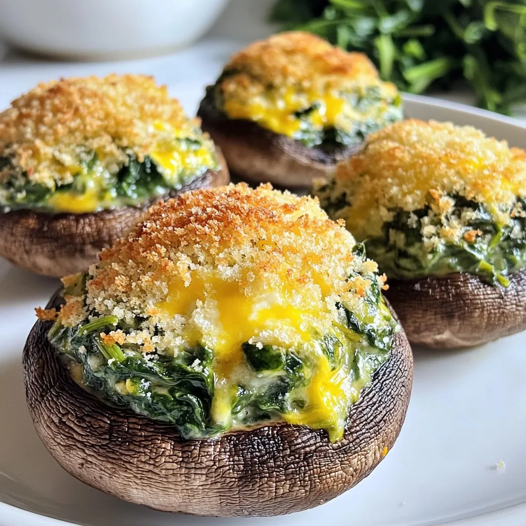 To make cheesy spinach stuffed mushrooms, you'll need: - 12 large portobello or cremini mushrooms, stems removed - 1 cup fresh spinach, chopped - 1/2 cup cream cheese, softened - 1/2 cup shredded mozzarella cheese - 1/4 cup grated Parmesan cheese - 2 cloves garlic, minced - 1/4 teaspoon red pepper flakes (optional) - Salt and pepper to taste - 1 tablespoon olive oil - 1 tablespoon fresh lemon juice - 1/4 cup bread crumbs I recommend using high-quality cheeses for the best flavor. Cream cheese brings a rich, creamy texture. Mozzarella melts really well, giving a gooey bite. Parmesan adds a nice nutty taste. If you like more flavor, try using aged cheeses like Pecorino Romano instead of Parmesan. Fresh spinach is best for this dish. It has a bright taste and vibrant color. You can easily chop and sauté it. If you use frozen spinach, make sure to thaw it and squeeze out excess water. This way, you won't end up with soggy stuffed mushrooms. Fresh spinach also holds its texture better when baked, making your dish look and taste amazing. {{ingredient_image_1}} First, choose 12 large portobello or cremini mushrooms. These mushrooms are sturdy and hold the filling well. Remove the stems gently; you can save them for another dish. Rinse the mushrooms under cool water to clean them. Pat them dry with a paper towel. This step helps the mushrooms cook evenly and absorb flavors. Next, heat 1 tablespoon of olive oil in a skillet over medium heat. Add 2 minced garlic cloves and sauté them until they smell great, about 1 minute. Then, add 1 cup of chopped fresh spinach to the skillet. Cook it until it wilts, about 2-3 minutes. Season with salt and pepper to taste. If you like spice, add 1/4 teaspoon of red pepper flakes. Remove the skillet from heat. In a mixing bowl, combine 1/2 cup of softened cream cheese, 1/2 cup of shredded mozzarella cheese, and 1/4 cup of grated Parmesan cheese. Add the cooked spinach mixture and 1 tablespoon of fresh lemon juice. Mix everything together until it’s smooth and well combined. This filling will be creamy and packed with flavor. Now it’s time to fill the mushrooms! Carefully spoon the cheesy spinach mixture into each mushroom cap. Don’t be shy; fill them generously! After filling, sprinkle the tops with 1/4 cup of bread crumbs. This will give your stuffed mushrooms a nice, crunchy top. Place the stuffed mushrooms on a baking sheet lined with parchment paper. Preheat your oven to 375°F (190°C). Bake the mushrooms for about 20-25 minutes. They are ready when they are tender and the tops are golden brown. Once they are done, remove them from the oven. Let them cool for a few minutes before serving. Enjoy your tasty cheesy spinach stuffed mushrooms! When picking mushrooms, look for firm caps. They should have a smooth surface. Avoid any that are slimy or have dark spots. For this dish, portobello or cremini mushrooms work best. Their size holds more filling. Fresh mushrooms add flavor and texture. Want a little kick? Add red pepper flakes to the spinach mix. Start with just a pinch. You can always add more later. For a milder taste, leave out the spice. You can also add herbs like basil or oregano for extra flavor. To get that gooey cheese effect, use fresh mozzarella. It melts beautifully and adds creaminess. Mixing in cream cheese helps bind everything together. Bake until the cheese is bubbly and golden. This will give your mushrooms a nice texture. Keep an eye on them so they don’t overcook. Pro Tips Choose Fresh Ingredients: Always opt for fresh spinach and high-quality cheeses to enhance the flavor of your stuffed mushrooms. Customize Your Spices: Feel free to add different spices or herbs like thyme or oregano to the cheese mixture for a unique twist. Don’t Overcook the Mushrooms: Keep an eye on the mushrooms while baking; you want them tender but not mushy for the best texture. Make Ahead: Prepare the stuffed mushrooms in advance and store them in the fridge until you're ready to bake them for a quick appetizer. {{image_2}} You can change the cheese in this recipe. Try using goat cheese for a tangy twist. Feta can add a great salty flavor. You might also like using cheddar for a richer taste. Mix and match cheeses to find your favorite blend. Remember, the cream cheese keeps the filling creamy. This lets you get creative with flavors. If you want a meatier dish, add cooked sausage or bacon. Brown the meat in the skillet before adding garlic. The meat adds a savory depth to the filling. Ground turkey or chicken are also great choices. Just make sure to drain excess fat. This keeps the filling from becoming too greasy. You can even mix in some chopped ham for a tasty variation. For a vegan option, swap the cream cheese. Use cashew cream or tofu instead. Nutritional yeast can add a cheesy taste without dairy. For the cheese, try vegan mozzarella shreds. These melt well and taste great. Make sure to use gluten-free bread crumbs if needed. This makes the dish both vegan and gluten-free. Adjust seasoning to ensure it’s flavorful and satisfying. To store your cheesy spinach stuffed mushrooms, place them in an airtight container. Keep them in the fridge. They will stay fresh for up to three days. Make sure they cool completely before storing. This avoids condensation and sogginess. To reheat the stuffed mushrooms, preheat your oven to 350°F (175°C). Place the mushrooms on a baking sheet. Heat them for about 10-15 minutes. This will keep them crispy and warm. You can also use a microwave. Just heat them for 30 seconds, but they may not stay crispy. If you want to freeze the mushrooms, do it before baking. Stuff the mushrooms and place them on a tray. Freeze them for about an hour until solid. Then, transfer them to a freezer bag. They can stay in the freezer for up to three months. When you're ready to cook, no need to thaw. Just bake them for about 30 minutes at 375°F (190°C). Enjoy this tasty treat anytime! Yes, you can use other mushrooms. Portobello and cremini work great, but others do too. Try button mushrooms for a smaller bite. Shiitake mushrooms add a unique flavor. Just remember, the size affects cooking time. Smaller mushrooms may need less time in the oven. To make this recipe gluten-free, use gluten-free bread crumbs. You can also skip the bread crumbs altogether. If you want a crunch, try crushed nuts or seeds. They add texture without gluten. Always check labels when buying ingredients to ensure they are gluten-free. A few tasty dipping sauces work well. Marinara sauce adds a classic touch. Ranch dressing gives a creamy option. You can also try balsamic glaze for a sweet kick. Experiment with your favorite sauces to find the perfect match! In this article, we explored the tasty world of cheesy spinach stuffed mushrooms. We covered the best ingredients, from fresh cheese to assorted mushrooms. You learned how to prepare and cook your filling while ensuring the perfect cheese melt. We also shared tips to customize your dish and variations for every diet. Finally, I provided ways to store and reheat leftovers. Enjoy creating your own unique stuffed mushrooms and impressing your family and friends!